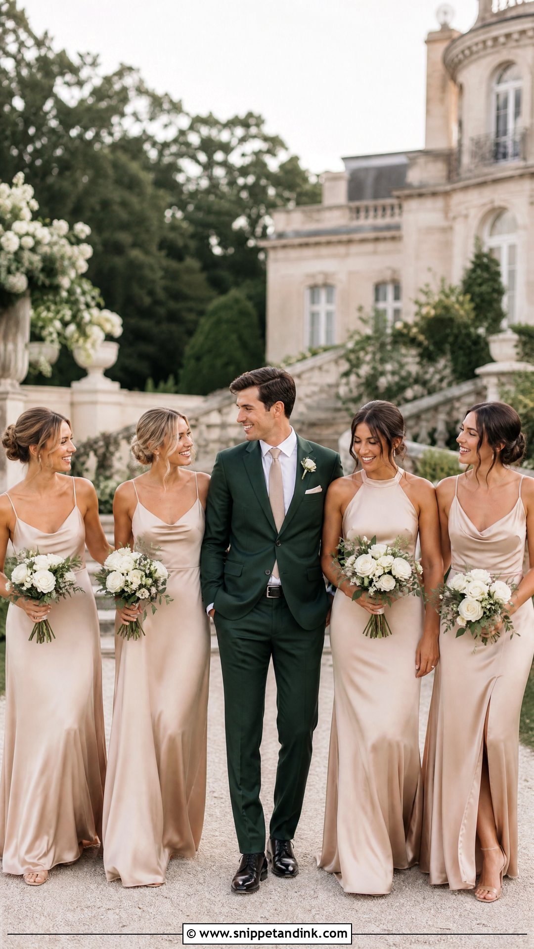 Dark Green Wedding Suit With Bridesmaids In Champagne Dresses - Snippet and Ink - 25 Dark Green Wedding Suit Ideas