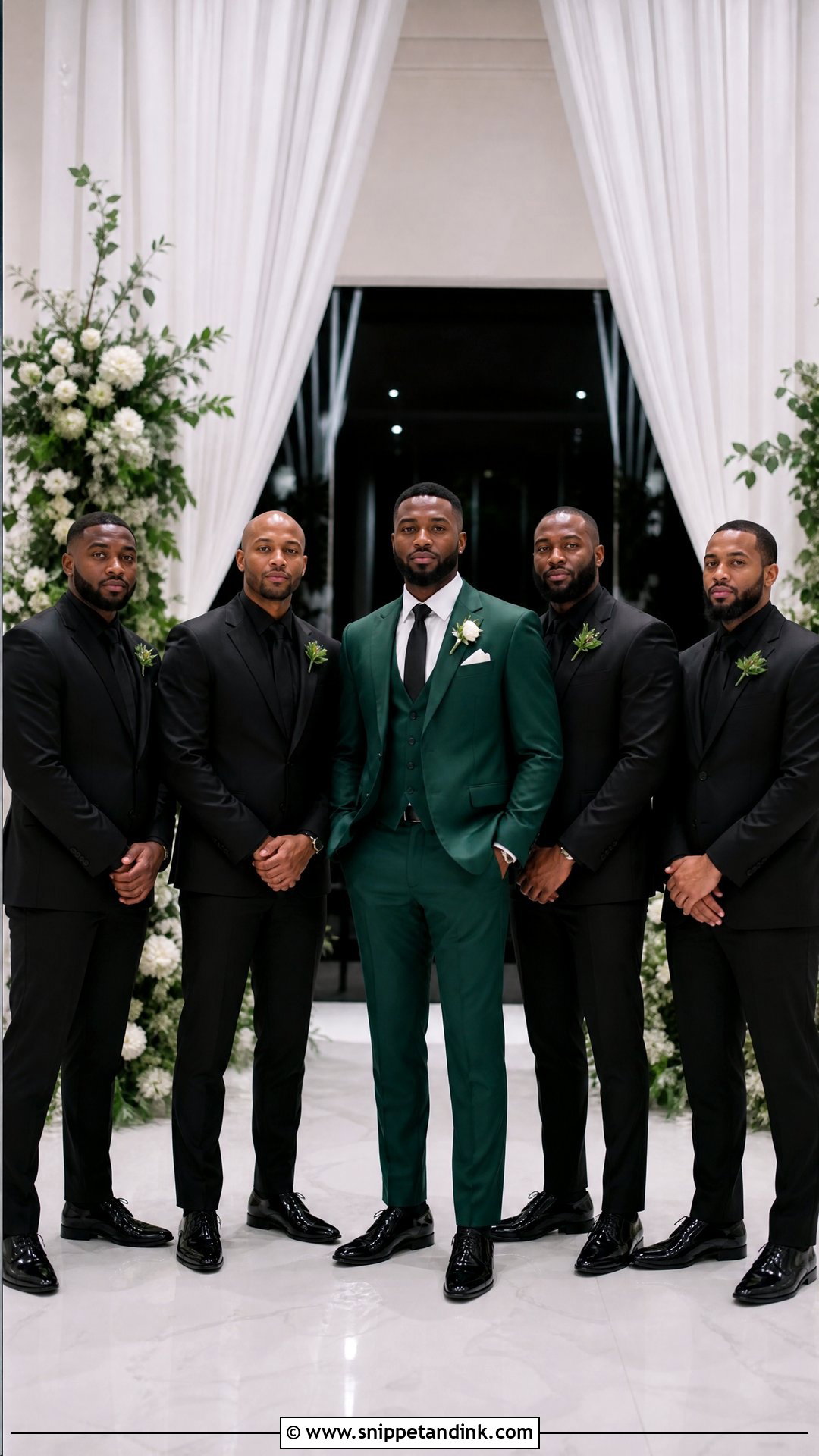 Dark Green Wedding Suit With Groomsmen In Black Suits - Snippet and Ink - 25 Dark Green Wedding Suit Ideas