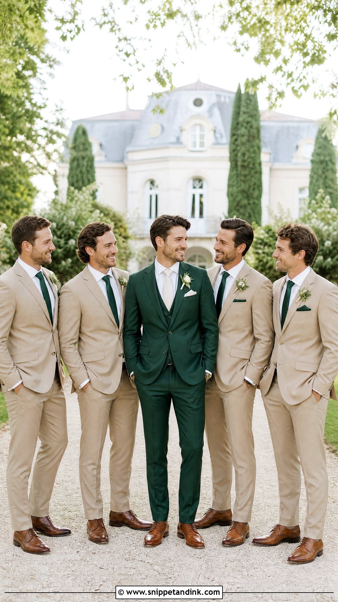 Dark Green Wedding Suit With Groomsmen In Tan Suits - Snippet and Ink - 25 Dark Green Wedding Suit Ideas