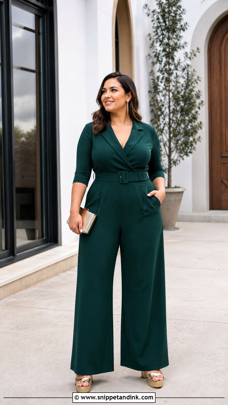 Dark Green Wide Leg Jumpsuit Wedding Guest Outfit - Snippet and Ink - 20 Green Wedding Outfit Ideas