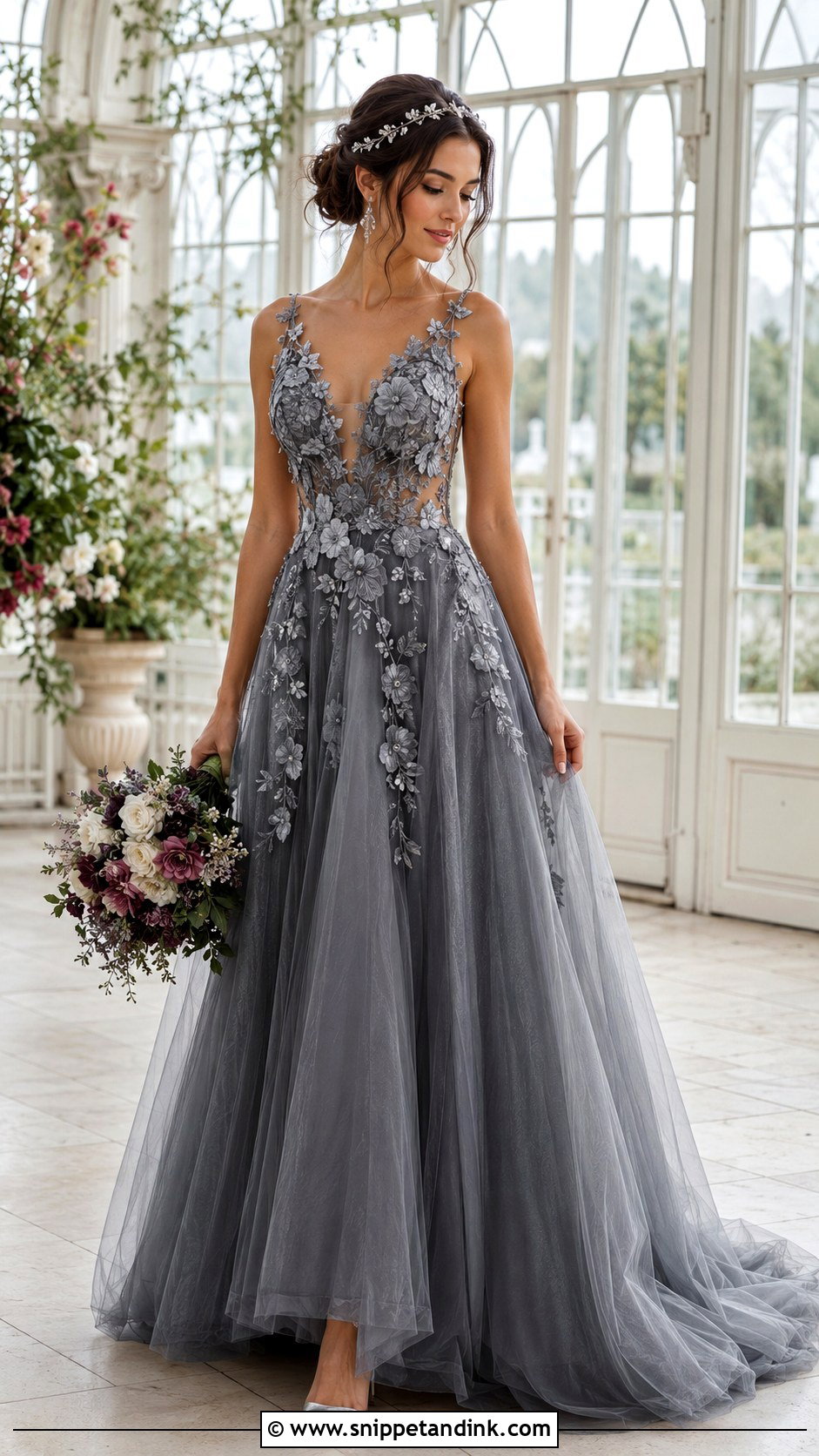 Dark Grey Floral Applique Wedding Dress - Snippet and Ink - 20 Dark Grey Wedding Dress Ideas