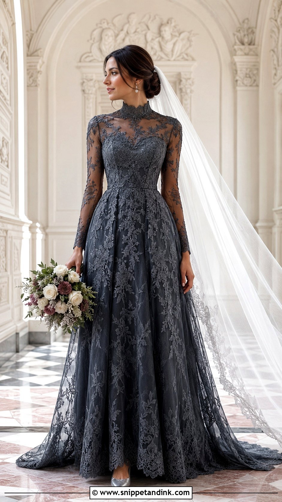 Dark Grey High Neck Lace Wedding Dress - Snippet and Ink - 20 Dark Grey Wedding Dress Ideas