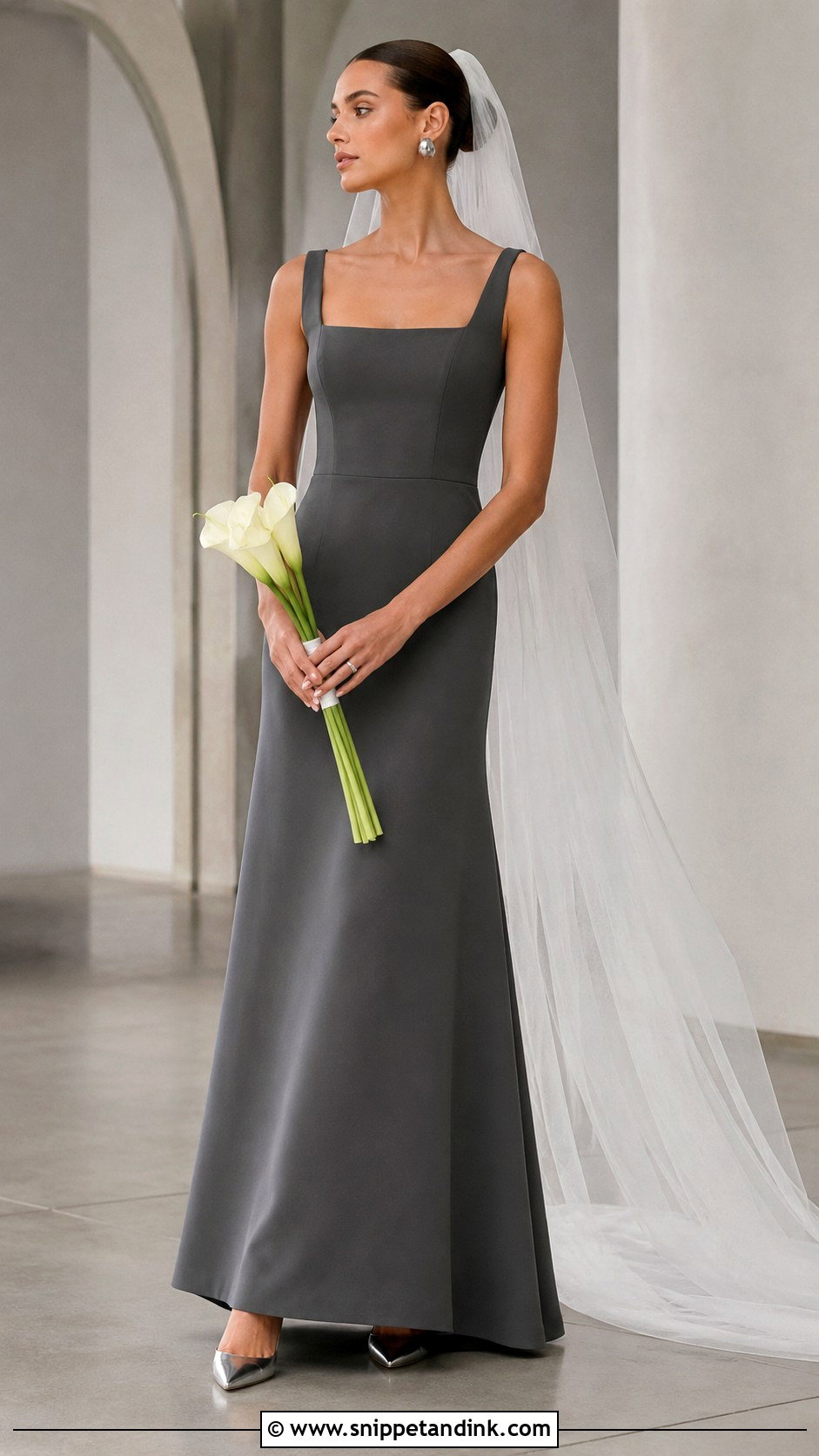 Dark Grey Minimalist Crepe Wedding Dress - Snippet and Ink - 20 Dark Grey Wedding Dress Ideas