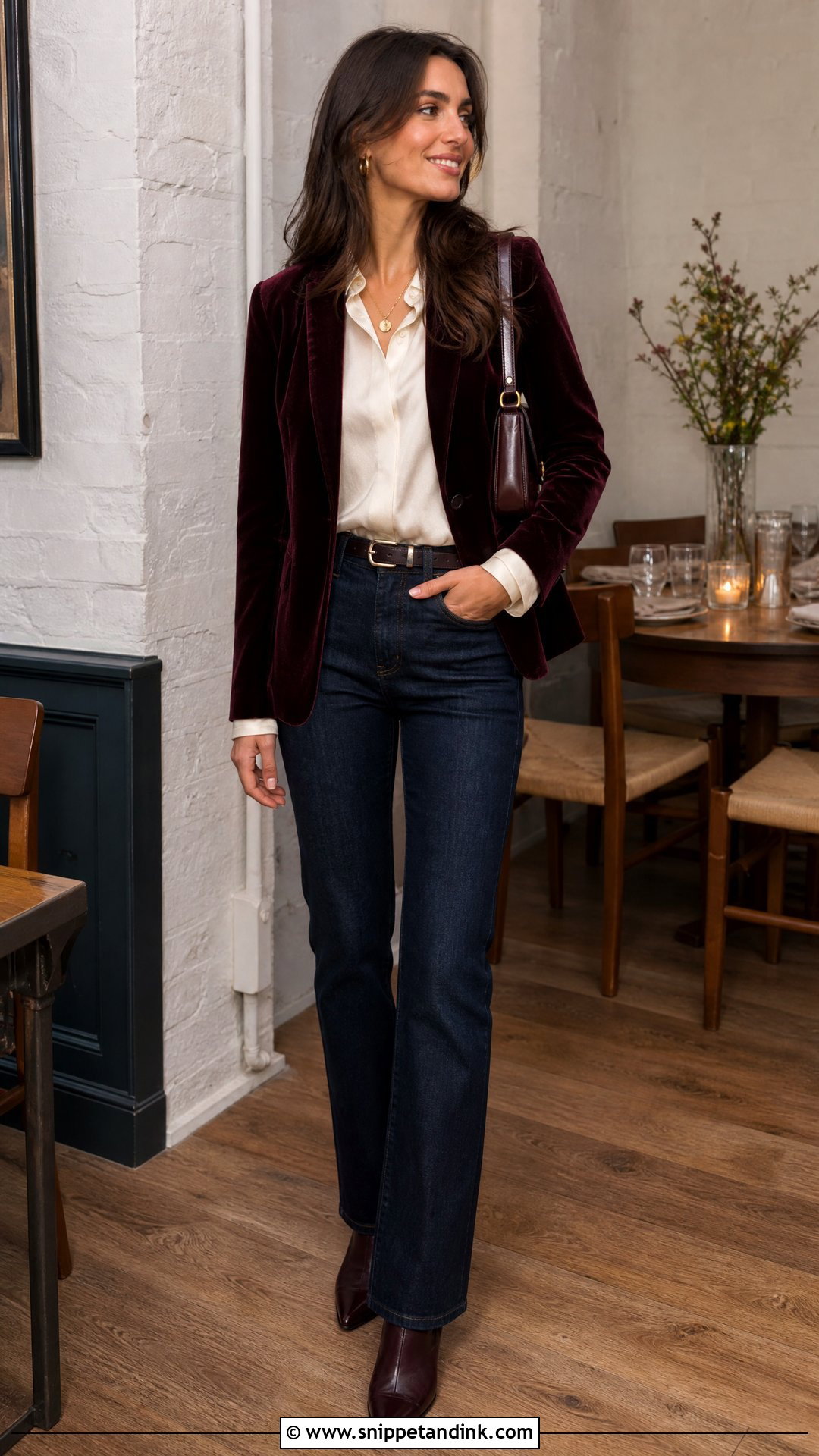 Dark Jeans And Blazer Winter Rehearsal Dinner Outfit - Snippet and Ink - 25 Winter Rehearsal Dinner Outfit Ideas