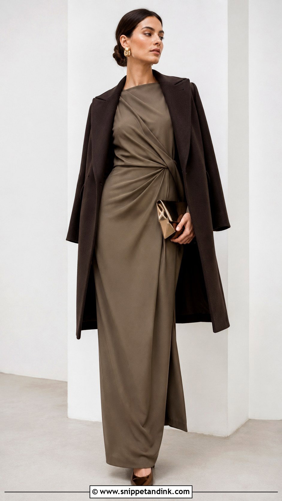 Dark Khaki Column Dress Wedding Outfit - Snippet and Ink - 20 Khaki Wedding Ideas