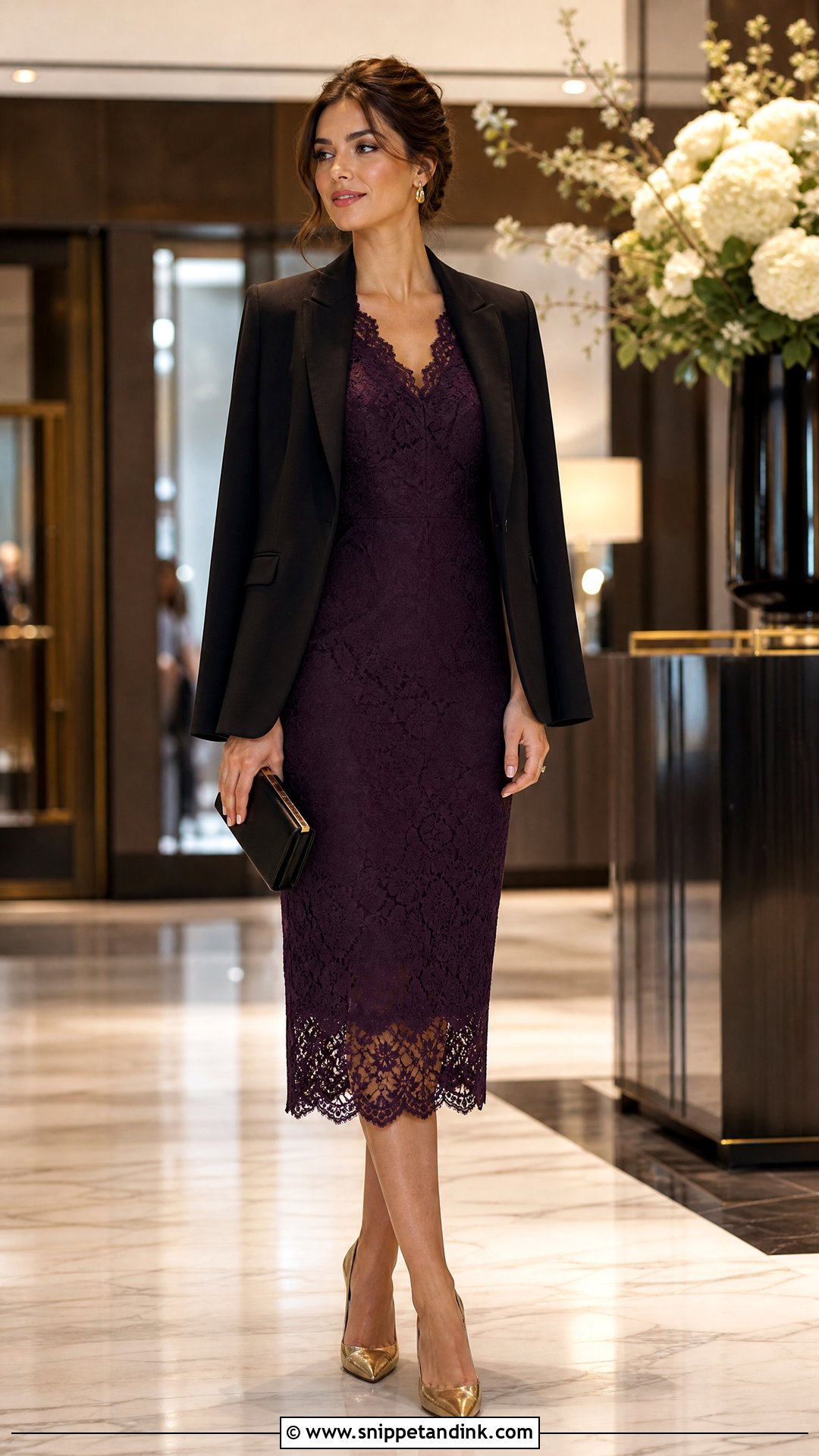 Dark Purple Lace Midi Dress With Gold Heels - Snippet and Ink - 20 Purple Dresses for Wedding