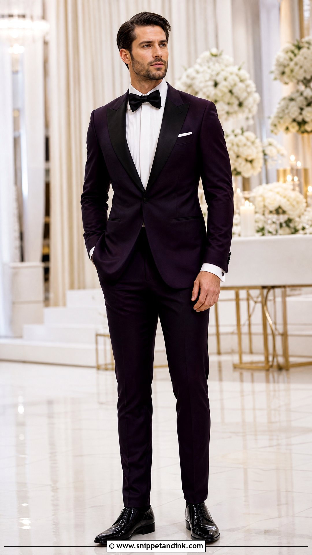 Dark Purple Tuxedo With Black Bow Tie - Snippet and Ink - 20 Purple Tuxedo Wedding Ideas