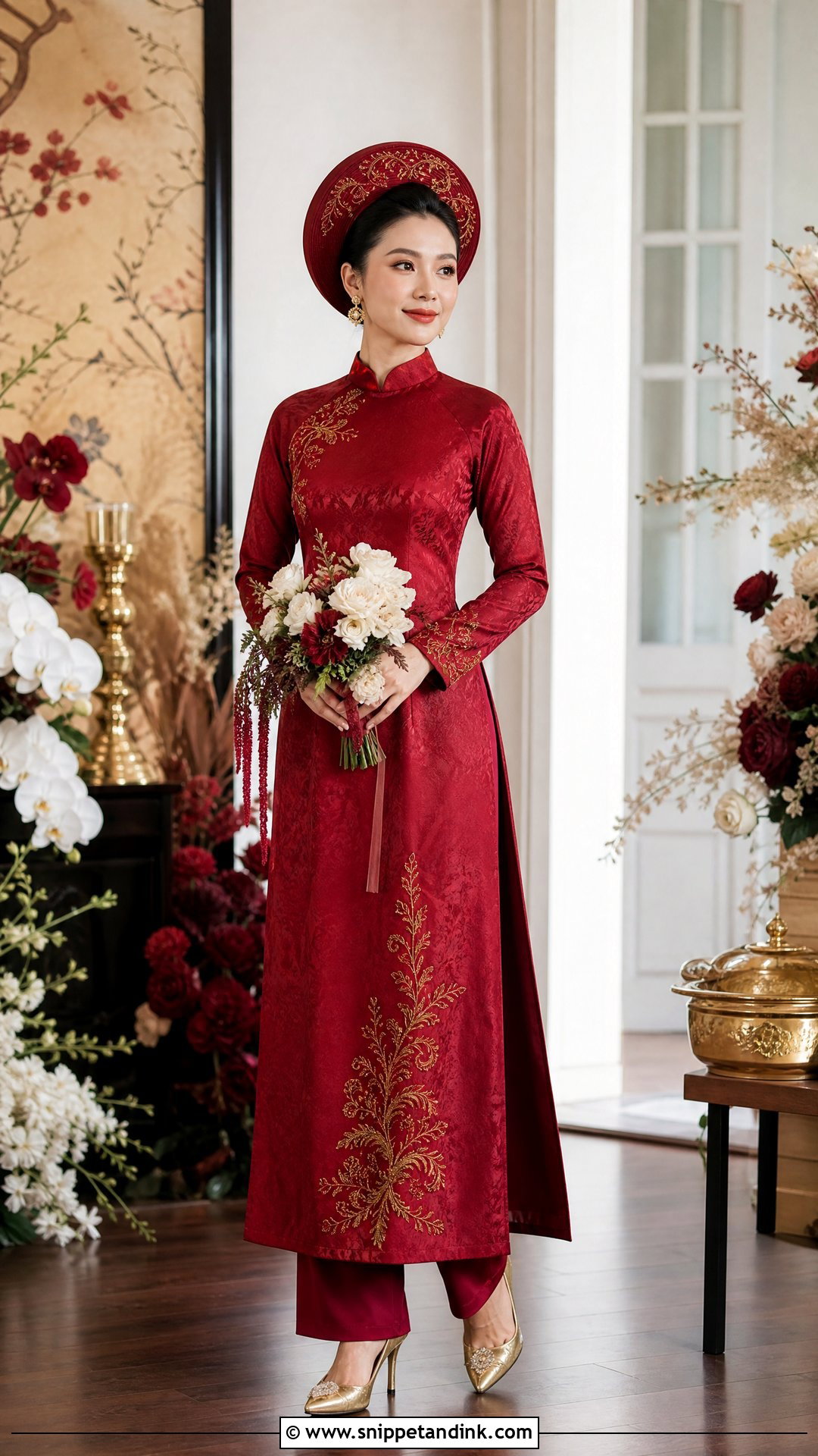 Dark Red Ao Dai With Gold Accessories - Snippet and Ink - 20 Red Ao Dai Wedding Ideas