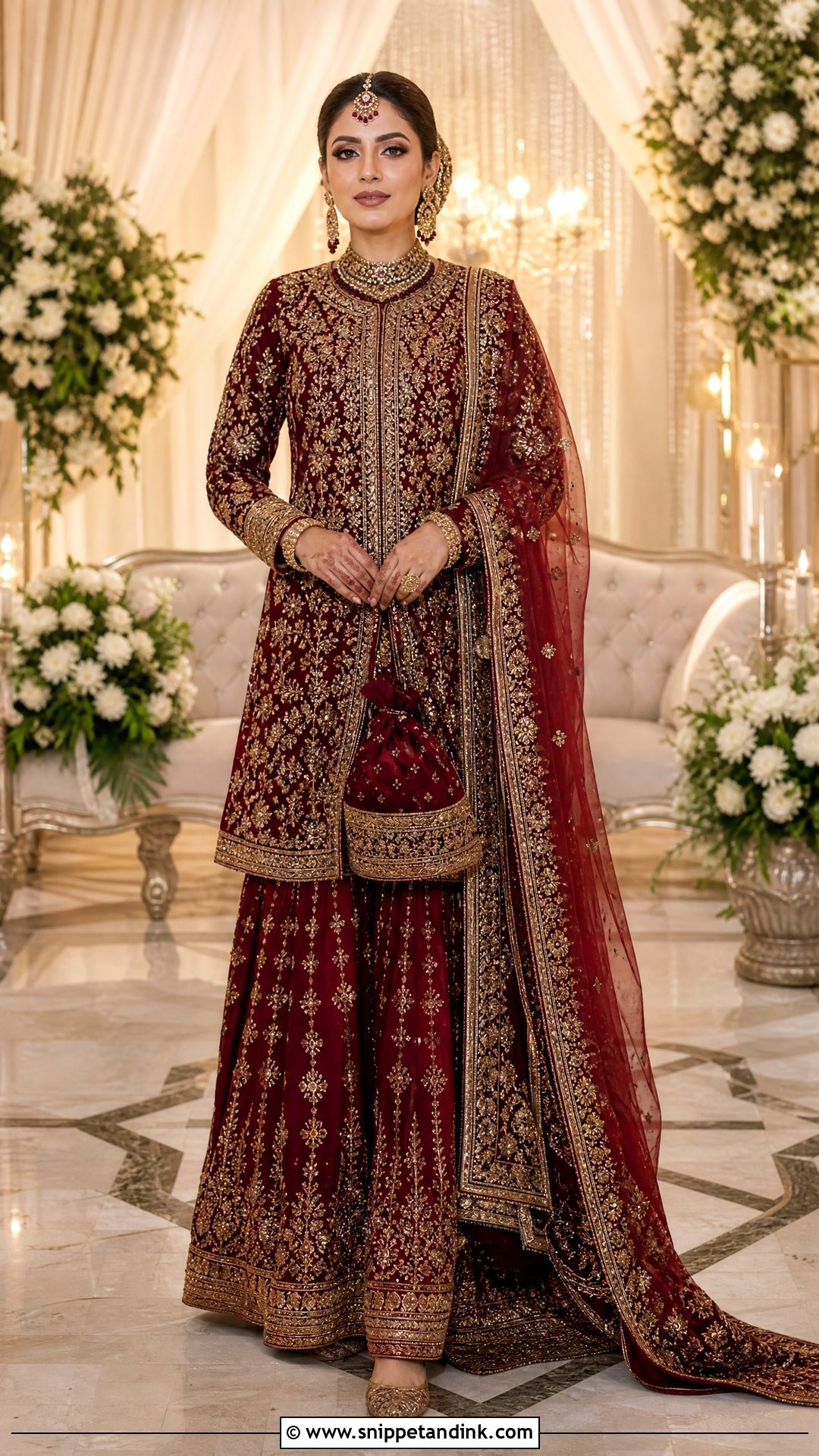 Dark Red Garara With Antique Gold Work - Snippet and Ink - 20 Red Garara Dress Pakistani Bridal Ideas