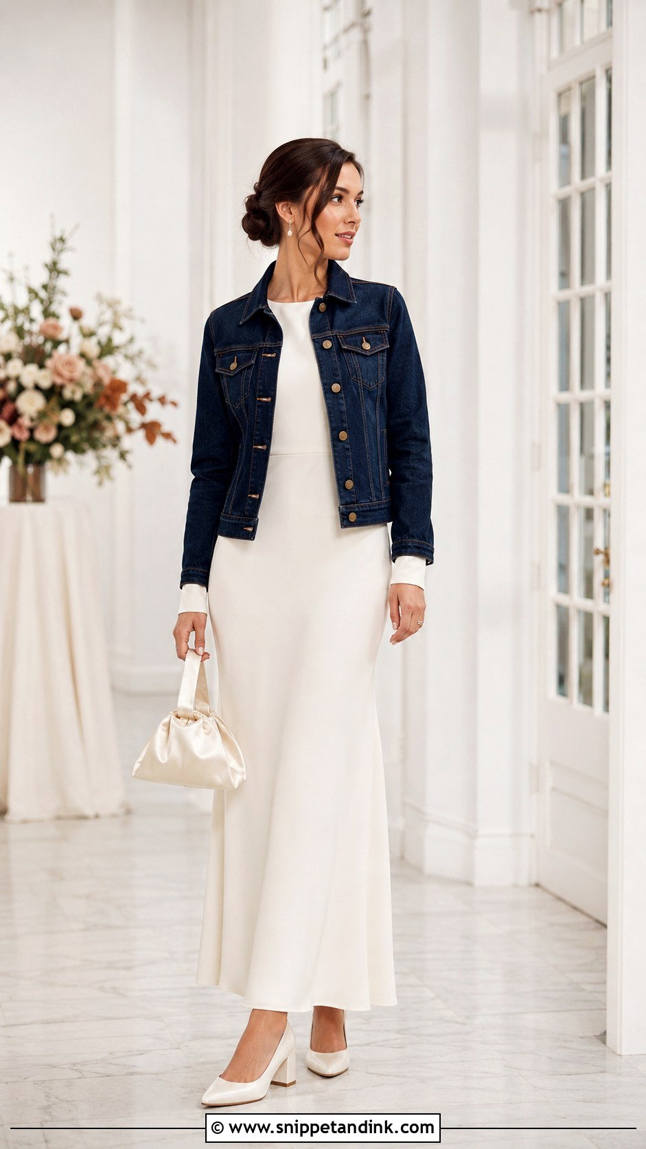 Dark Wash Bridal Jean Jacket With Crepe Wedding Dress - Snippet and Ink - 20 Bridal Jean Jacket Ideas