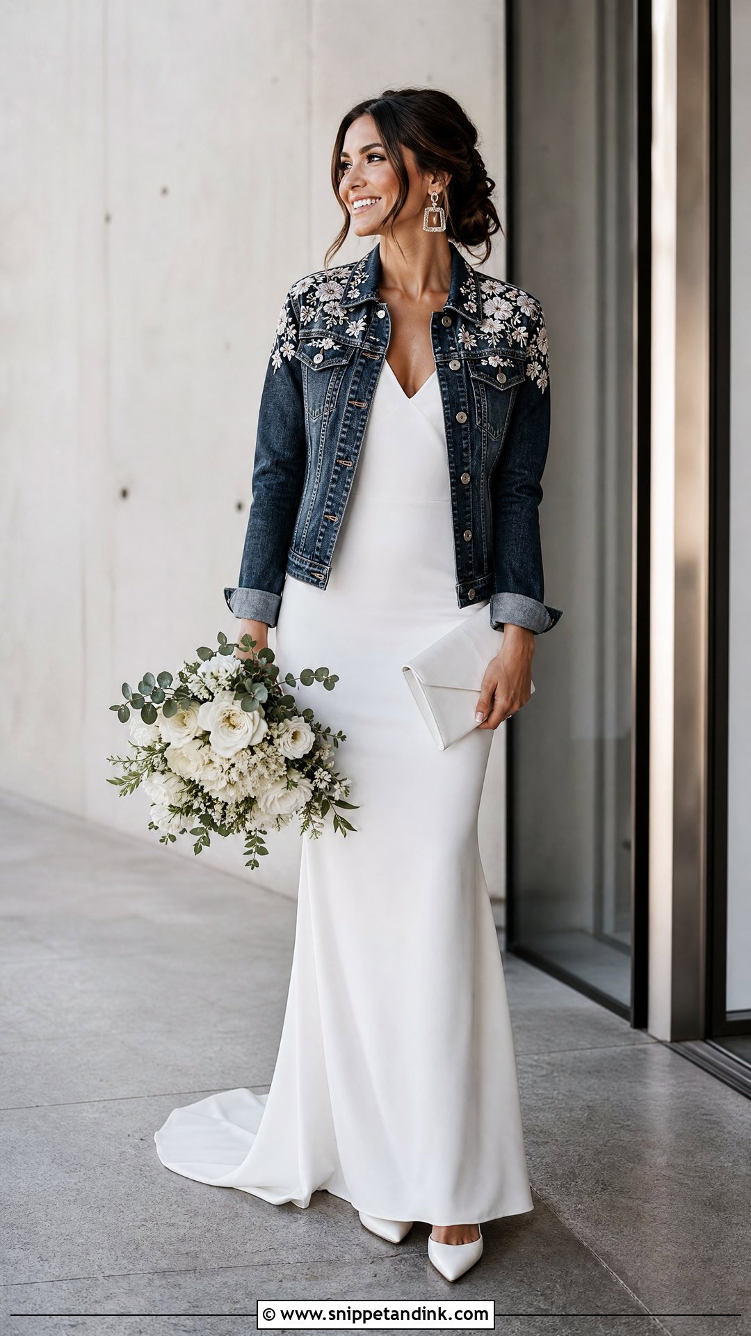 Dark Wash Bride Denim Jacket With Column Wedding Dress - Snippet and Ink - 20 Bride Denim Jacket Ideas