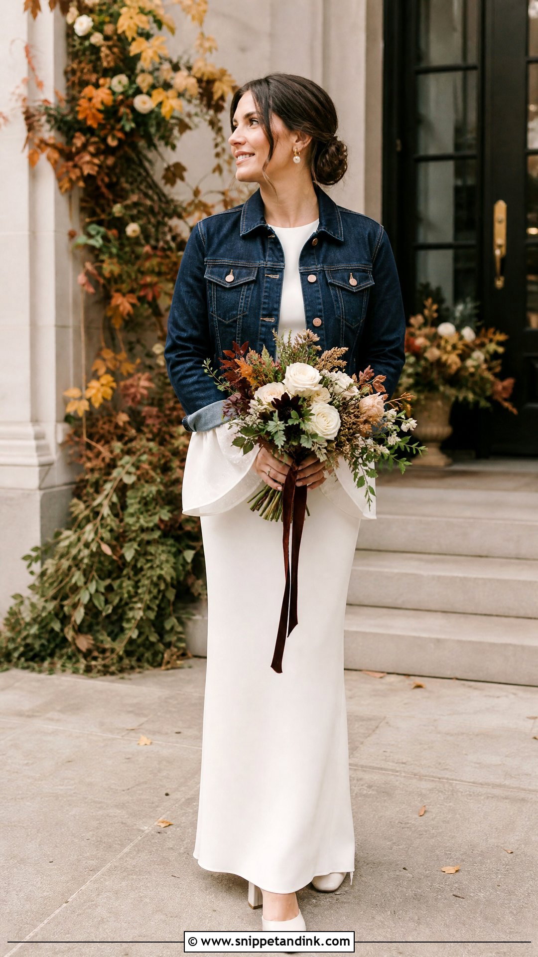 Dark Wash Wedding Jean Jacket With Long Sleeve Gown - Snippet and Ink - 20 Wedding Jean Jacket Ideas