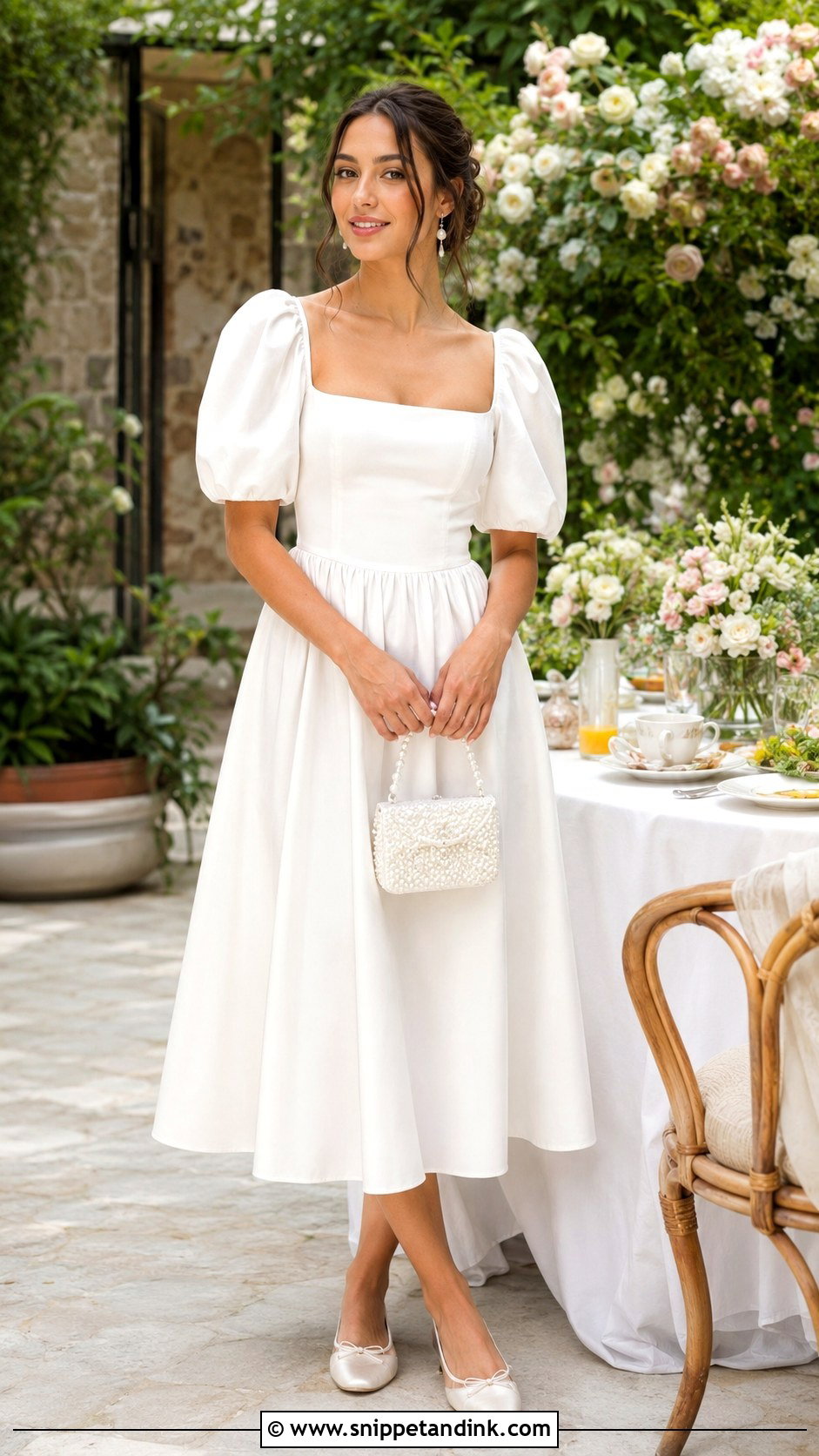 Day After Wedding Puff Sleeve Midi Dress and Ballet Flats Outfit - Snippet and Ink - 20 Day After Wedding Outfit Ideas