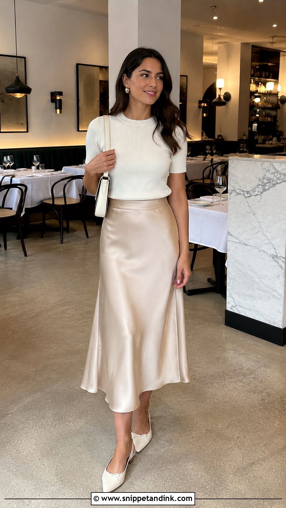 Day After Wedding Satin Midi Skirt and Knit Top Outfit - Snippet and Ink - 20 Day After Wedding Outfit Ideas