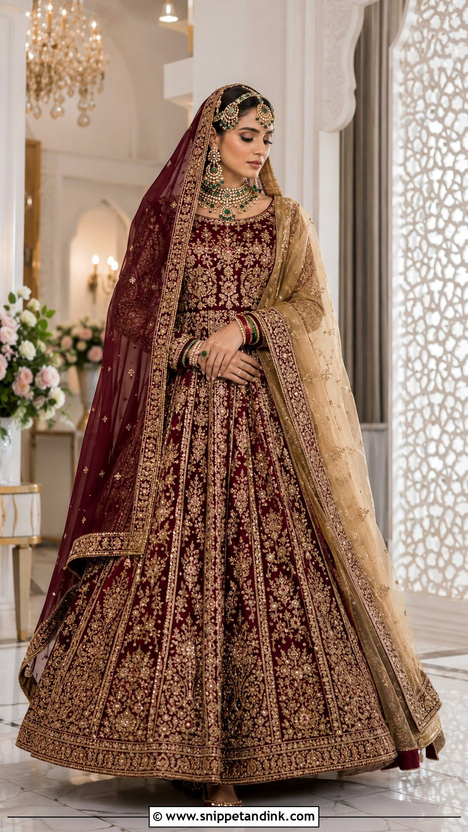 Deep Burgundy Gold Barat Lehnga - Snippet and Ink - 20 Barat Lehnga Pakistani Bridal Ideas