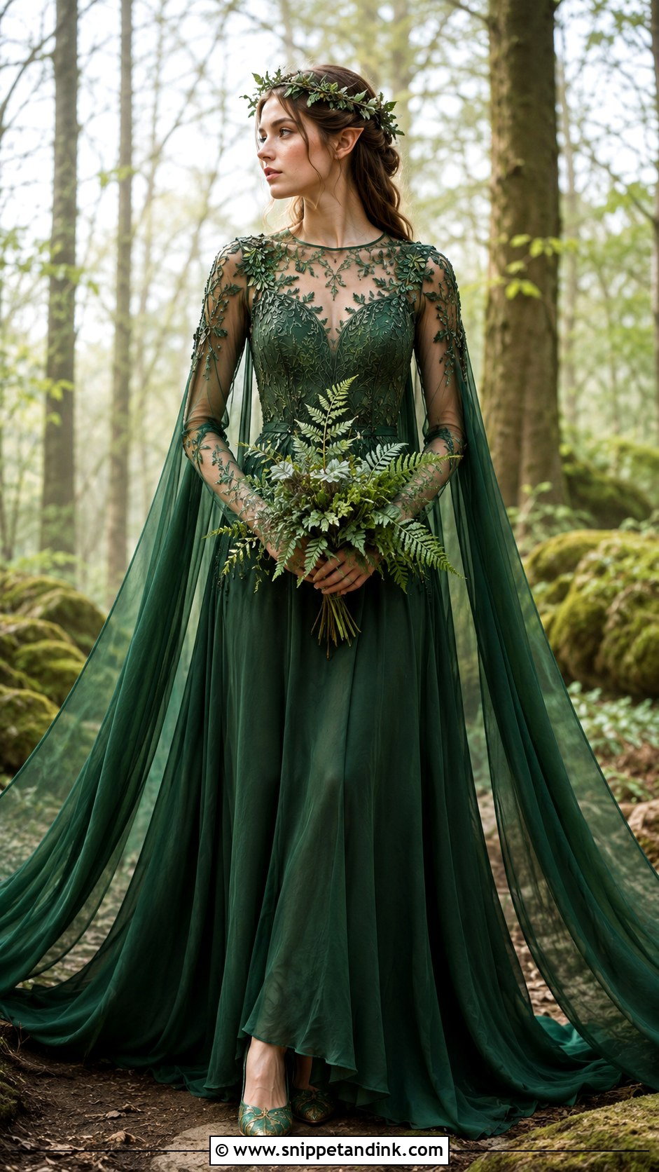 Deep Green Elven Wedding Dress - Snippet and Ink - 20 Dark Fantasy Wedding Dress Ideas