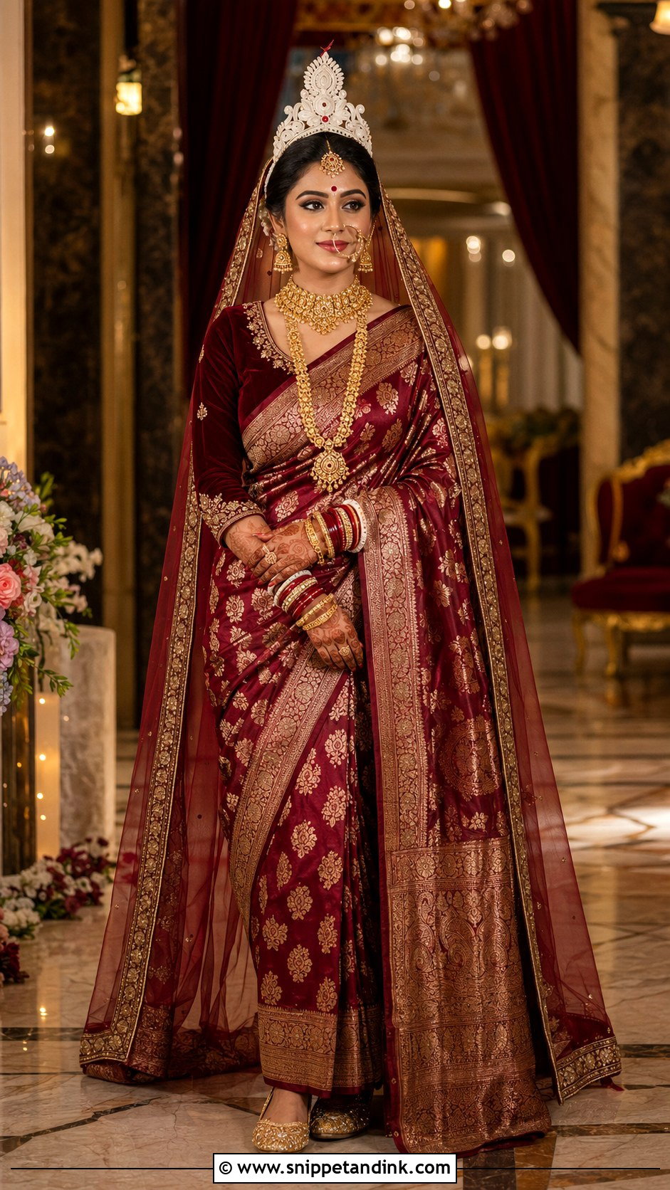 Deep Maroon Banarasi Bengali Bridal Look - Snippet and Ink - 20 Bengali Bride Wedding Look Ideas