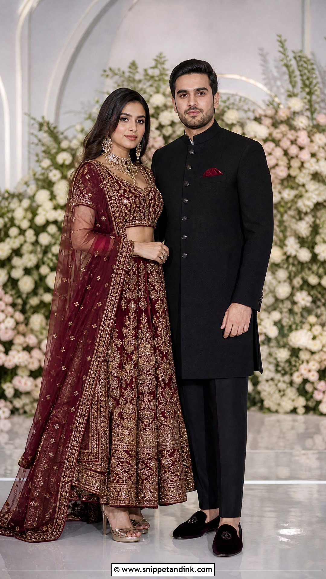 Deep Maroon Lehenga And Black Achkan - Snippet and Ink - 20 Ring Ceremony Couple Dress Ideas