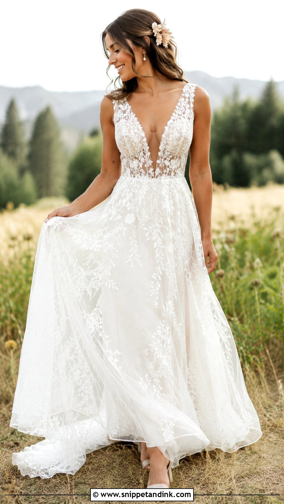 Deep Plunge Boho Wedding Dress - Snippet and Ink - 20 Deep Plunge Wedding Dress Ideas