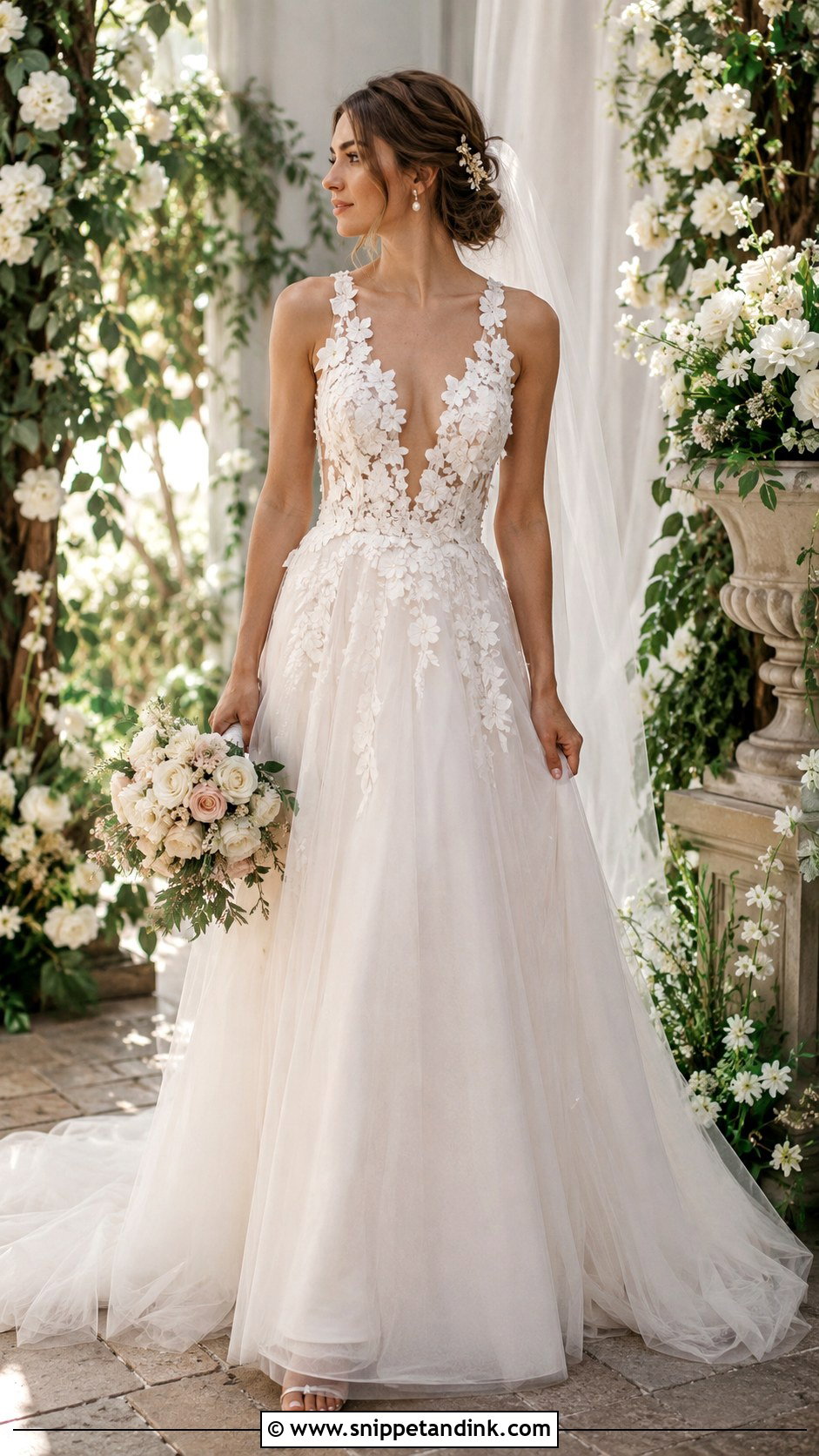 Deep Plunge Floral Applique Wedding Dress - Snippet and Ink - 20 Deep Plunge Wedding Dress Ideas