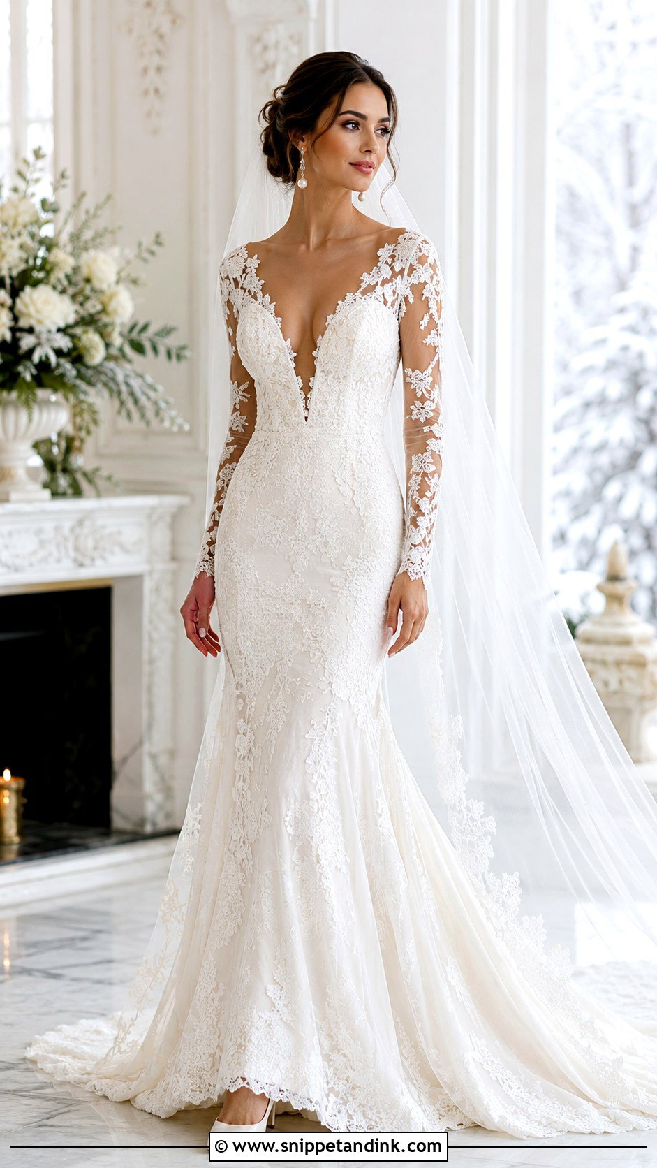 Deep Plunge Long Sleeve Wedding Dress - Snippet and Ink - 20 Deep Plunge Wedding Dress Ideas