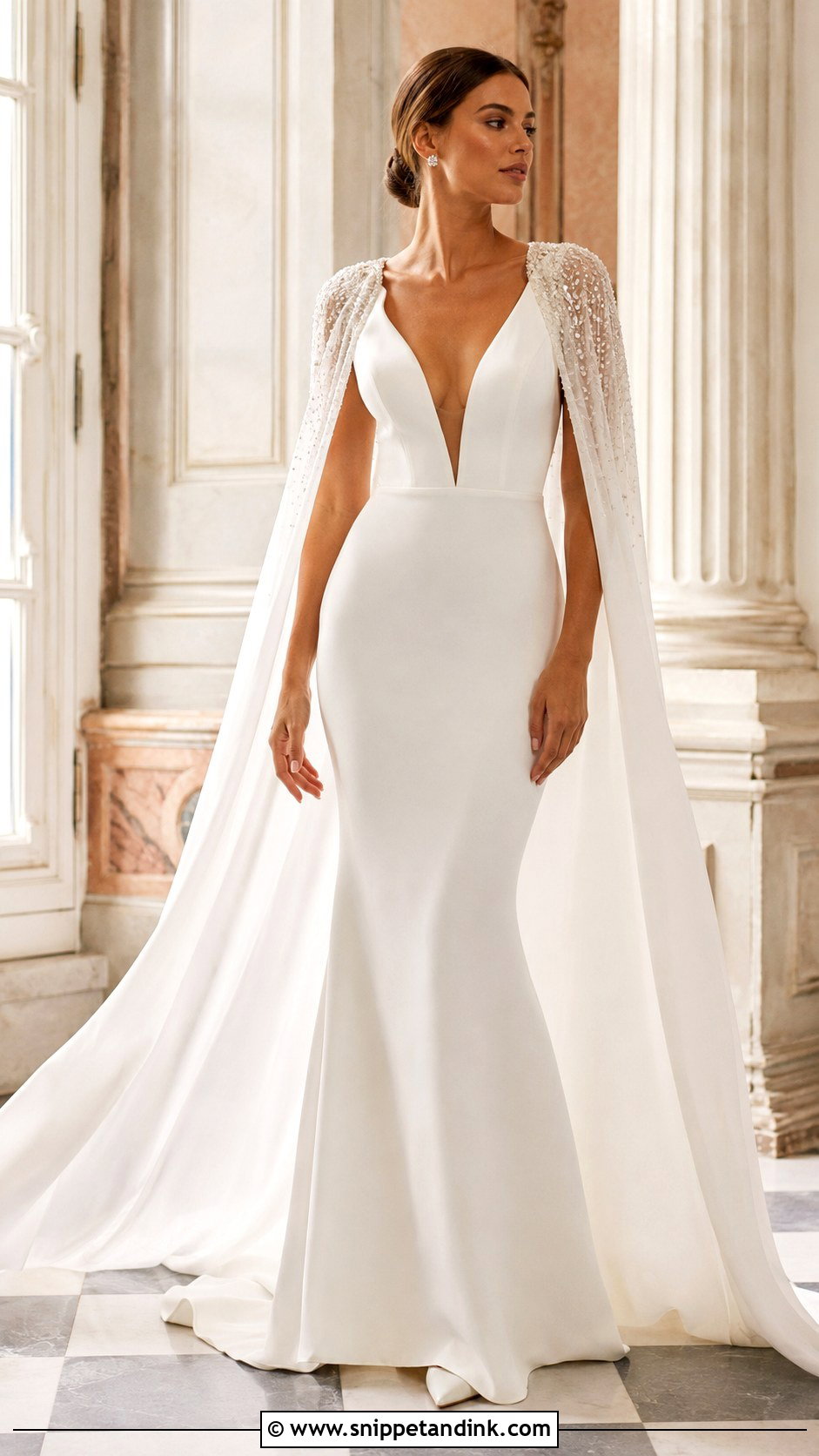 Deep Plunge Wedding Dress With Cape - Snippet and Ink - 20 Deep Plunge Wedding Dress Ideas