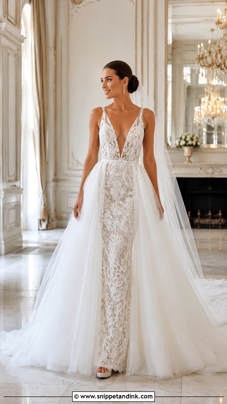 Deep Plunge Wedding Dress With Overskirt - Snippet and Ink - 20 Deep Plunge Wedding Dress Ideas