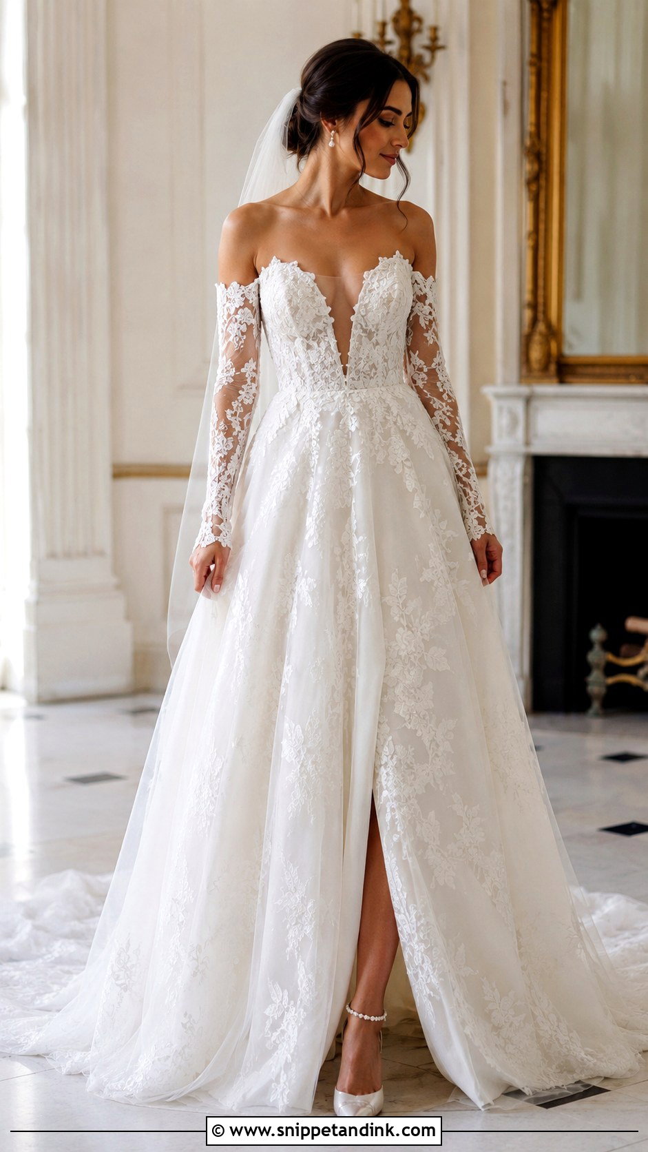 Deep Plunge Wedding Dress With Removable Sleeves - Snippet and Ink - 20 Deep Plunge Wedding Dress Ideas