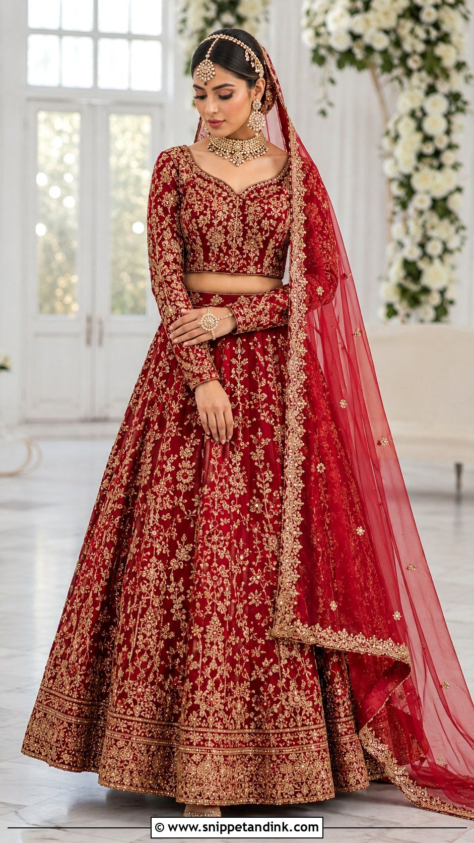 Deep Red Bridal Lehenga With Organza Dupatta - Snippet and Ink - 25 Pakistani Red Bridal Dress Ideas