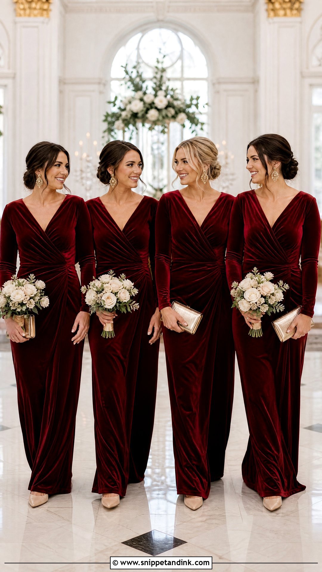 Deep Red Velvet Long Sleeve Bridal Party Gowns - Snippet and Ink - 20 Red Bridal Party Ideas