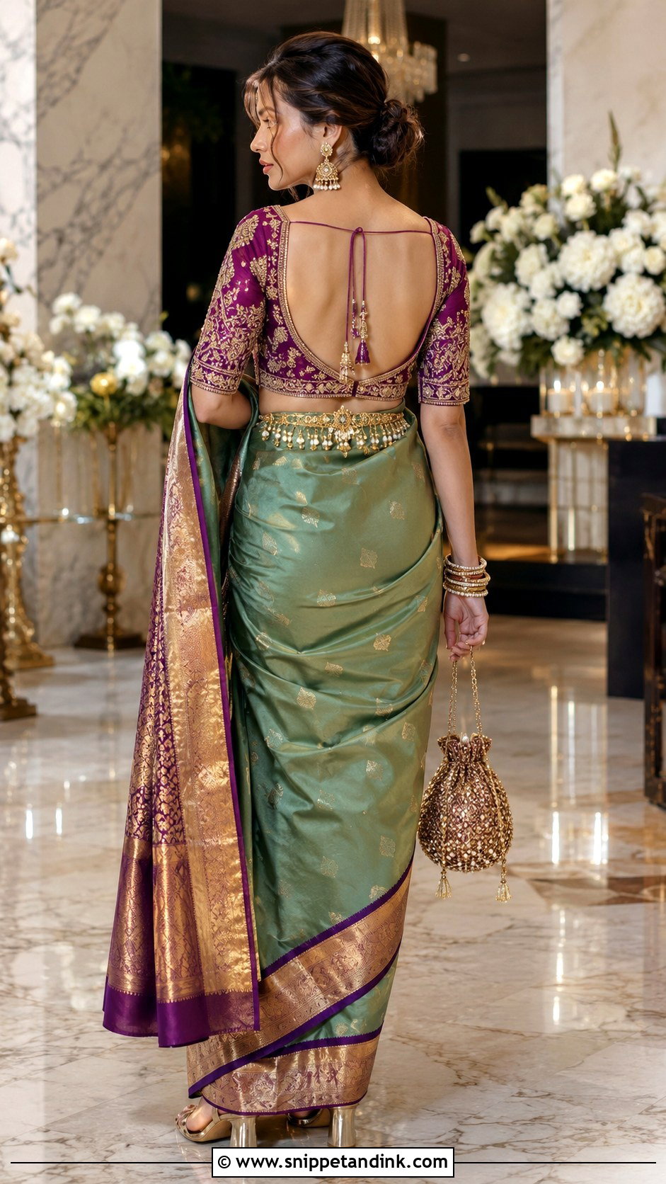 Deep V Back Blouse With Silk Saree - Snippet and Ink - 20 Grand Blouse Designs for Marriage