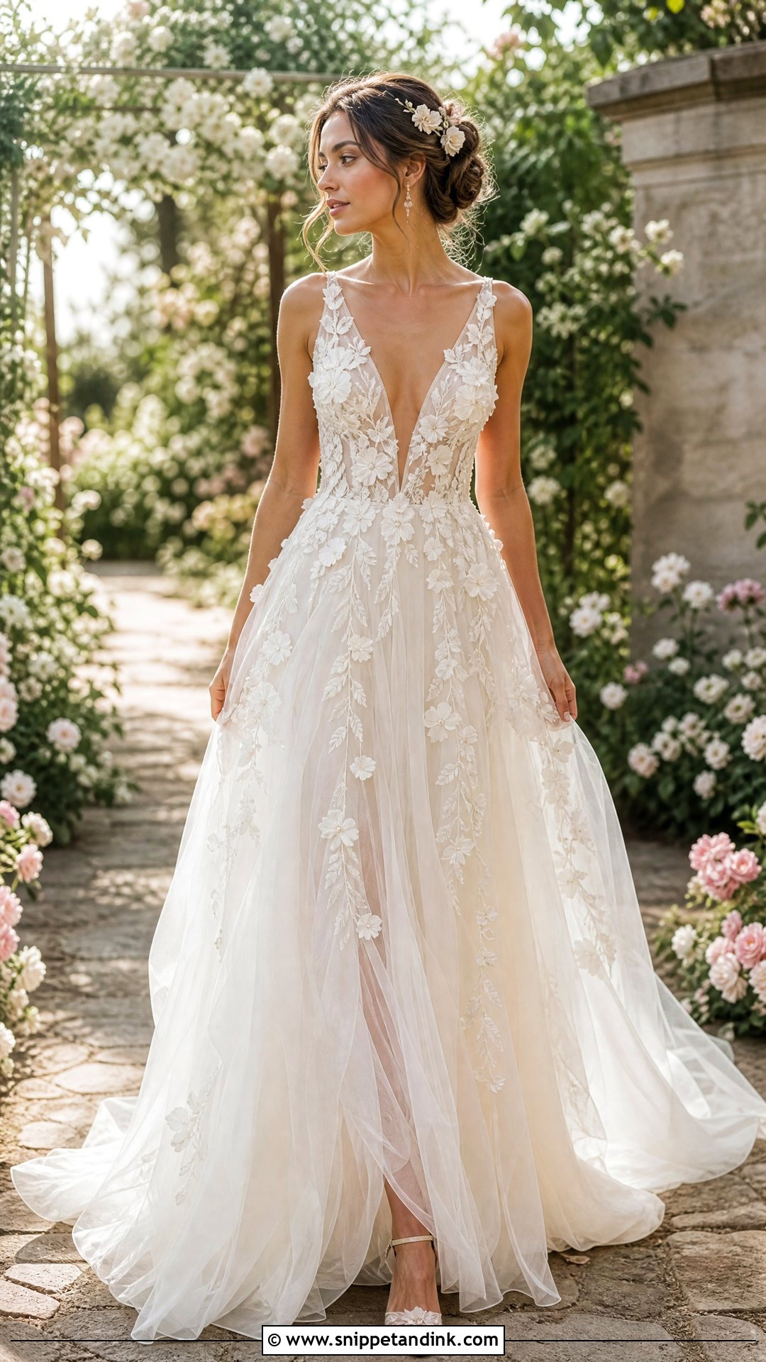 Deep V Floral Wedding Dress - Snippet and Ink - 25 Deep V Wedding Dress Ideas