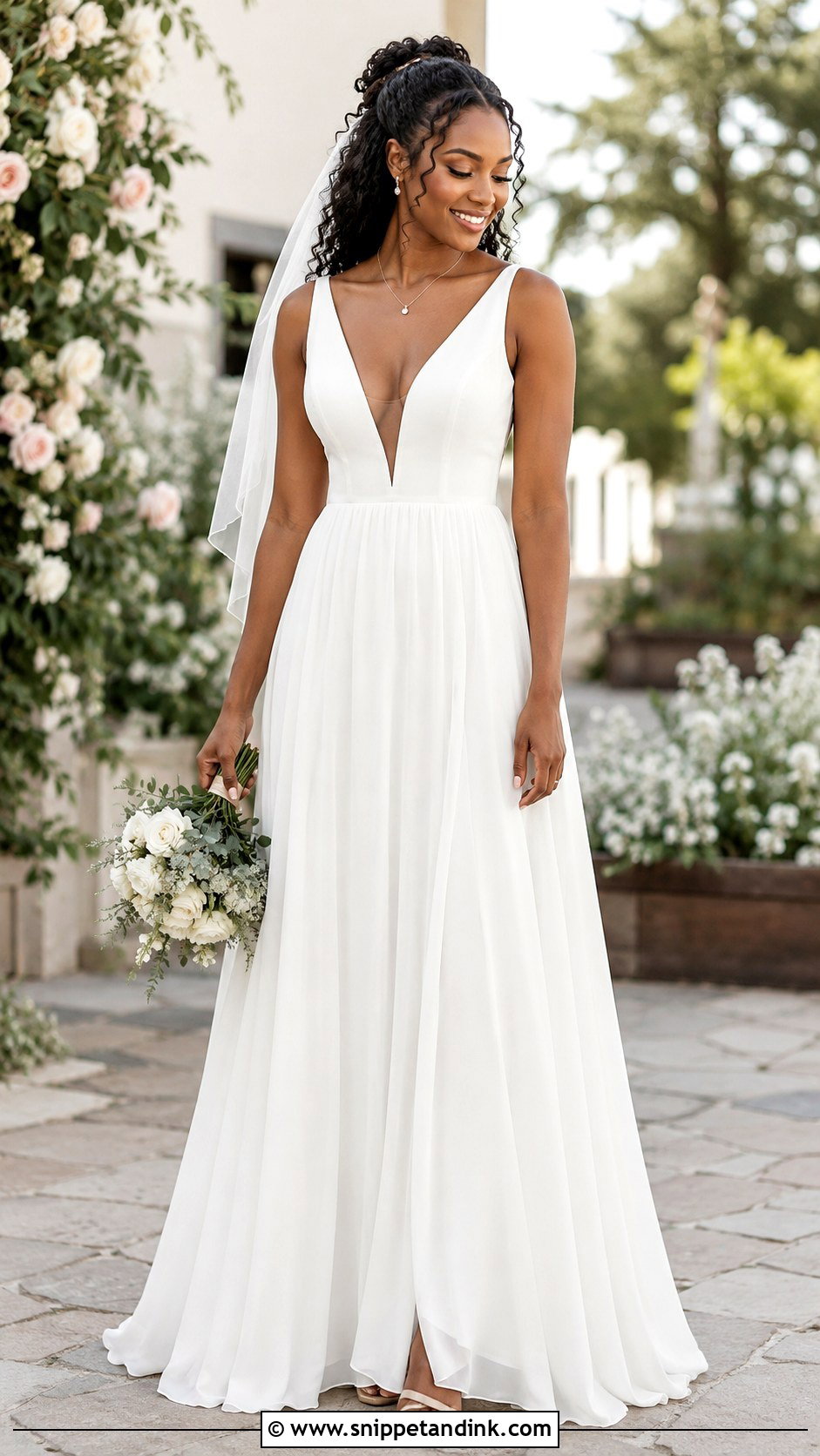 Deep V Neck A Line Wedding Dress - Snippet and Ink - 20 Black Bride Wedding Dress Ideas