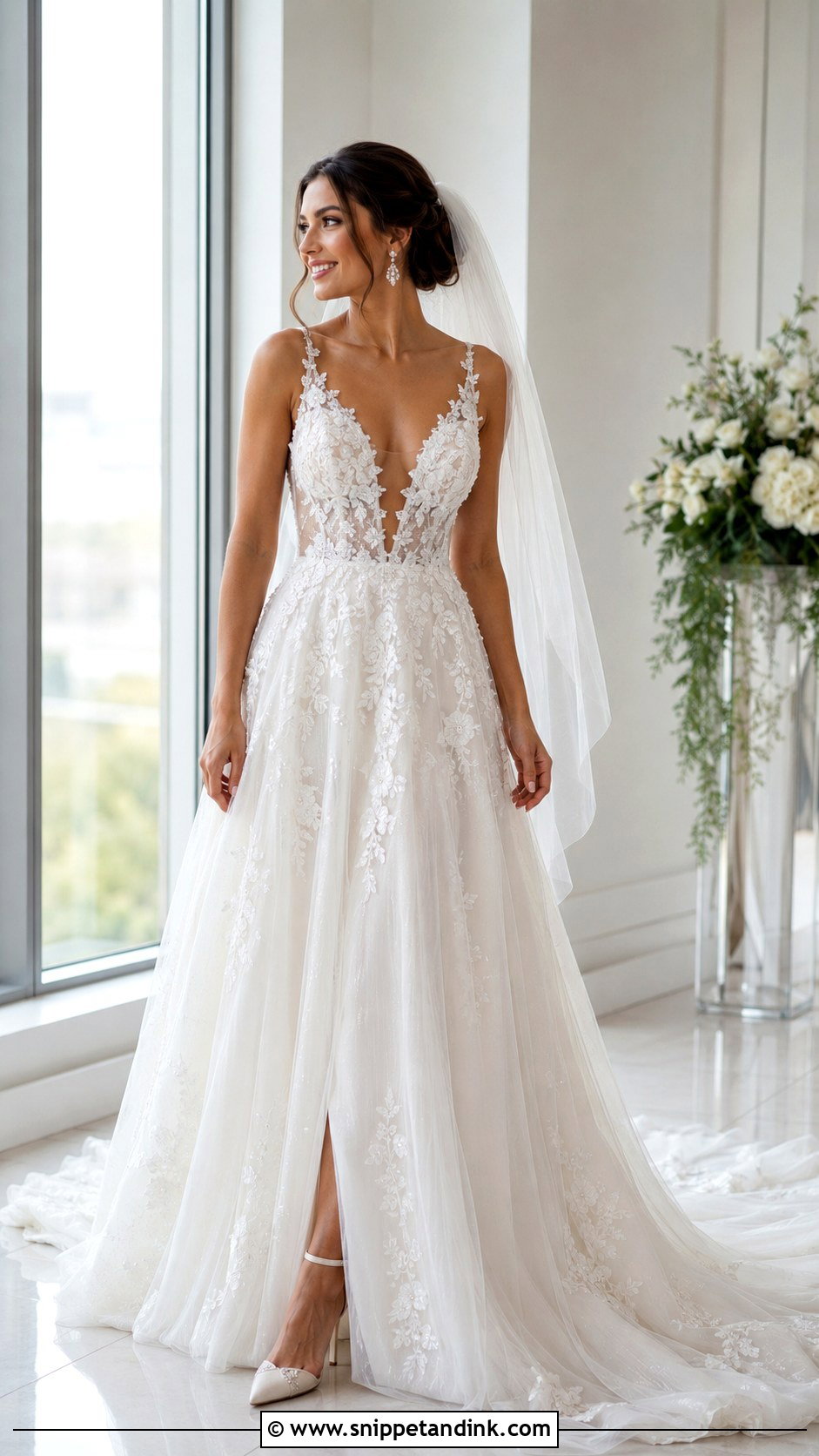Deep V Neck Beaded Lace Wedding Dress - Snippet and Ink - 20 Beaded Lace Wedding Dress Ideas