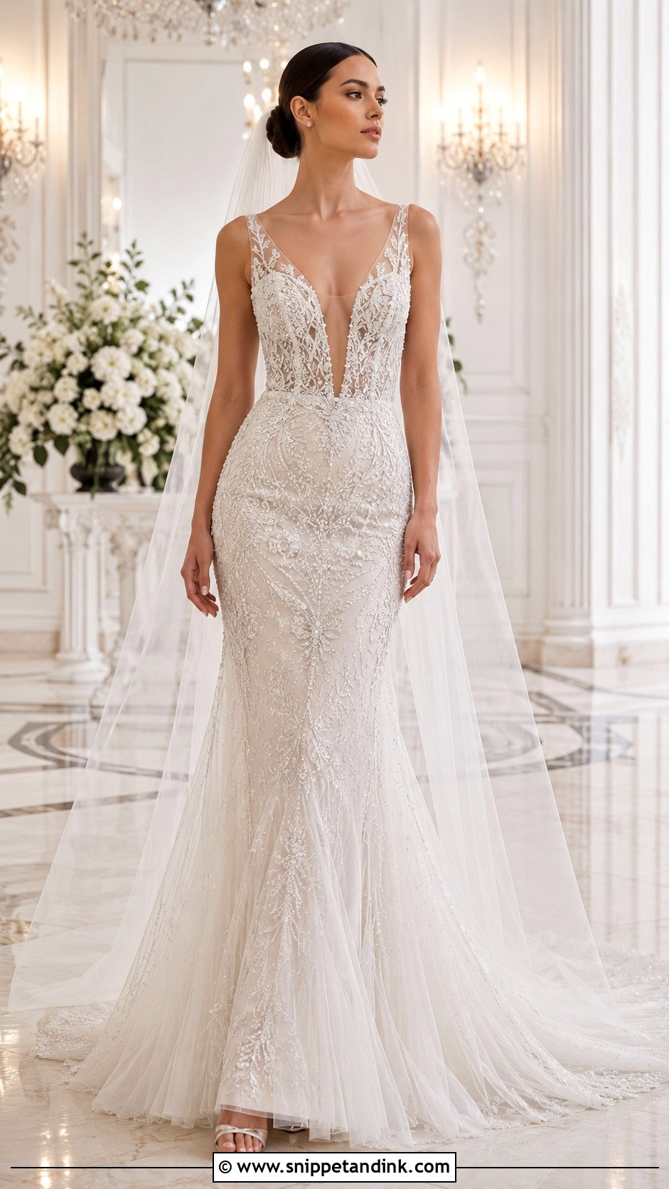 Deep V Neck Beaded Wedding Dress - Snippet and Ink - 20 Deep V Neck Wedding Dress Ideas