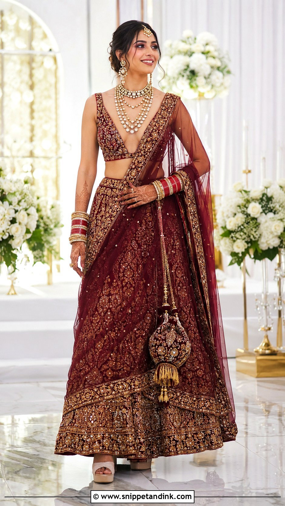 Deep V Neck Bridal Choli With Embroidered Lehenga - Snippet and Ink - 20 Bridal Choli Designs