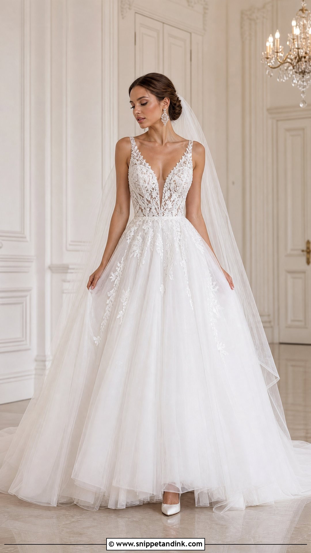 Deep V Neck Tulle Ball Gown Wedding Dress - Snippet and Ink - 20 Wedding Dresses for Small Chest