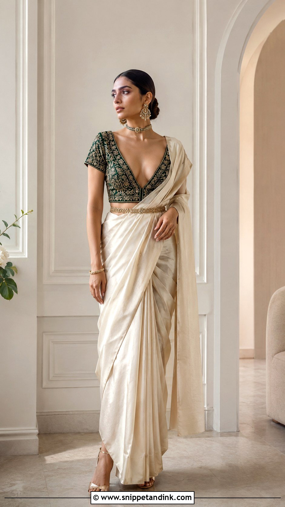 Deep V Neck Wedding Blouse With Plain Saree - Snippet and Ink - 20 Wedding Blouse Designs