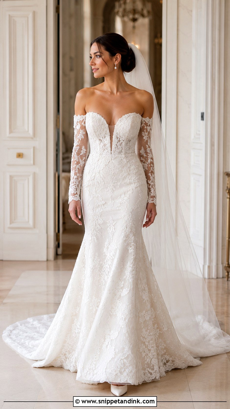 Deep V Neck Wedding Dress With Detachable Sleeves - Snippet and Ink - 20 Deep V Neck Wedding Dress Ideas