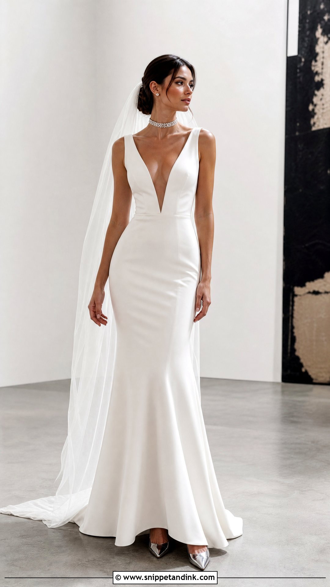 Deep V Neck Wedding Dress With Diamond Choker - Snippet and Ink - 20 Wedding Dress with Choker Ideas