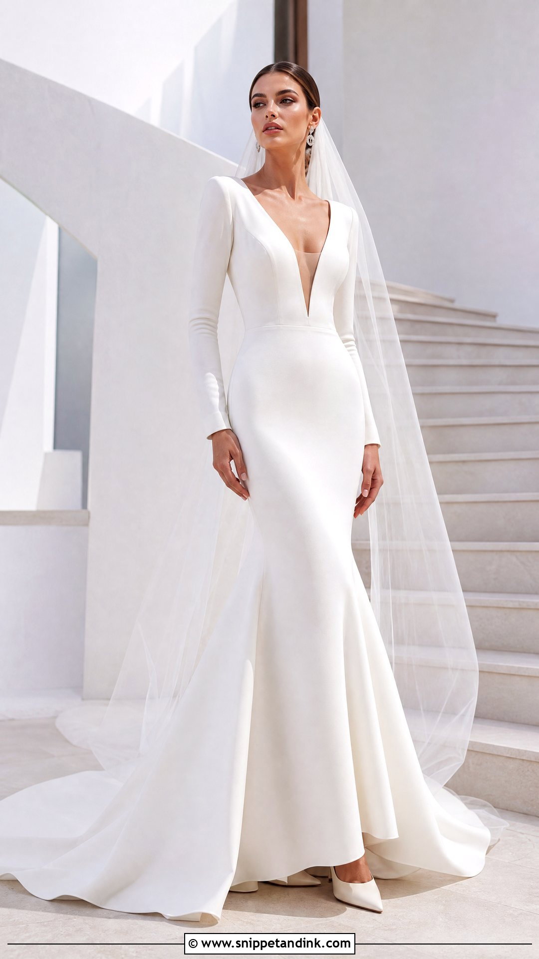 Deep V Neck Wedding Dress With Long Sleeves - Snippet and Ink - 20 V Neck Wedding Dress with Sleeves