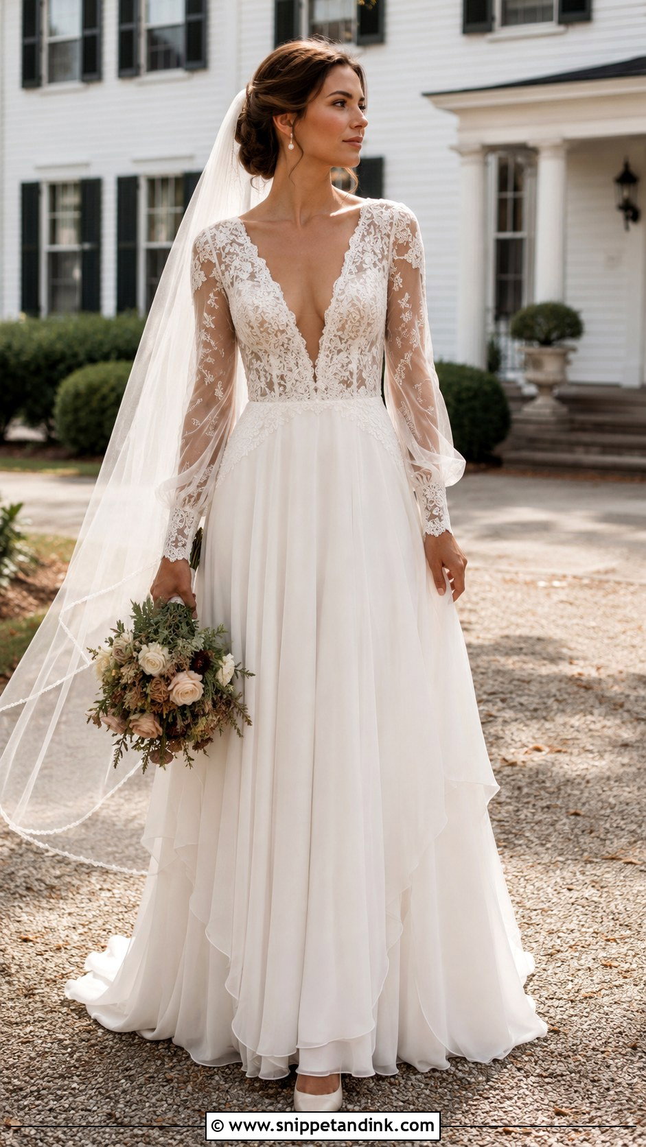 Deep V Neck Wedding Dress With Sleeves - Snippet and Ink - 20 Deep V Neck Wedding Dress Ideas