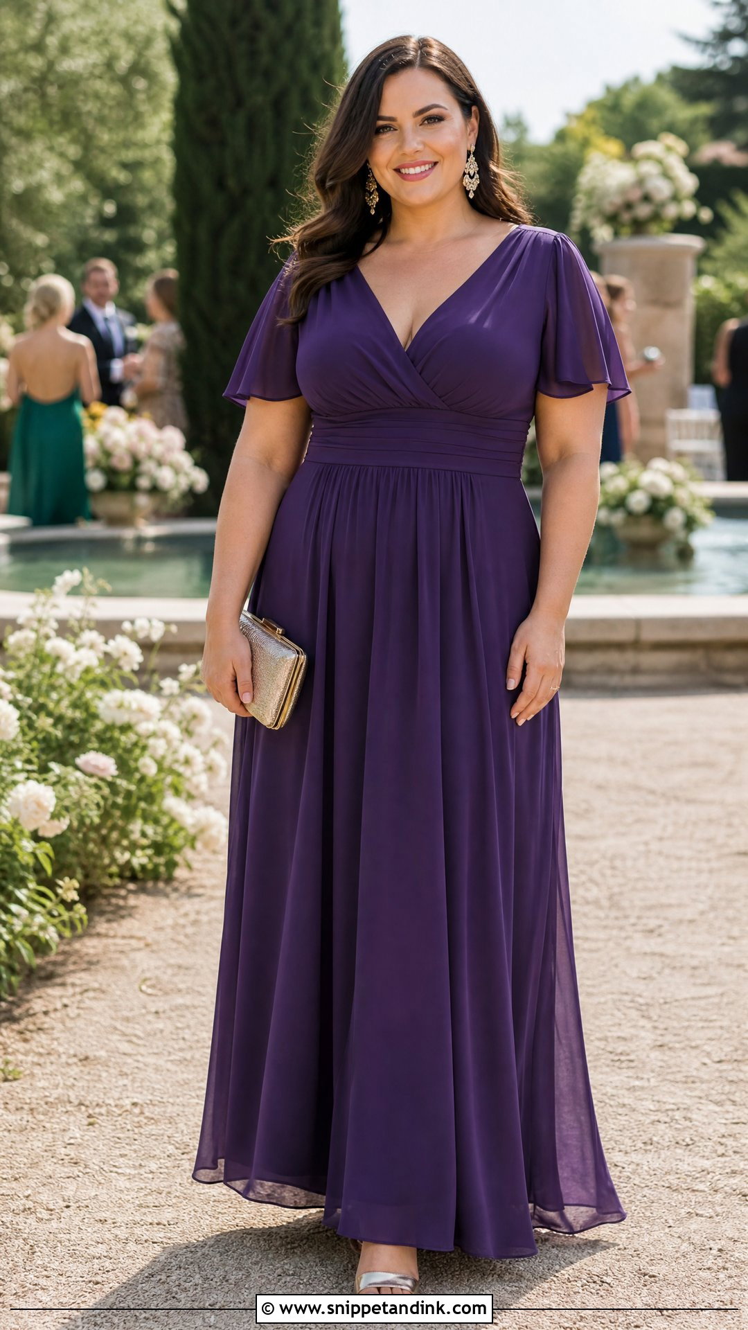 Deep Violet Empire Waist Maxi Dress With Gold Sandals - Snippet and Ink - 20 Purple Dresses for Wedding