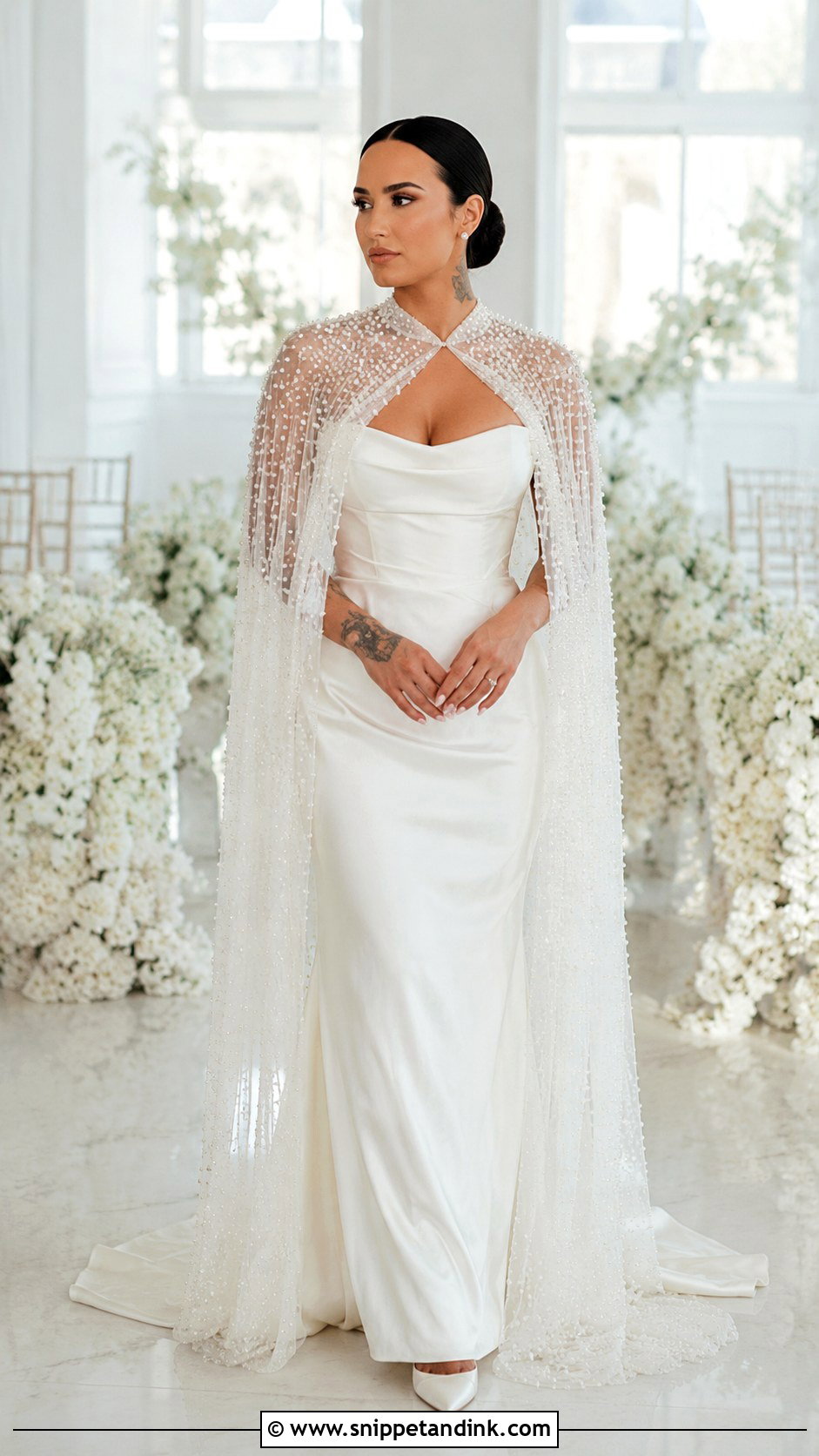 Demi Lovato Pearl Cape Wedding Dress - Snippet and Ink - 20 Demi Lovato Wedding Dress Ideas