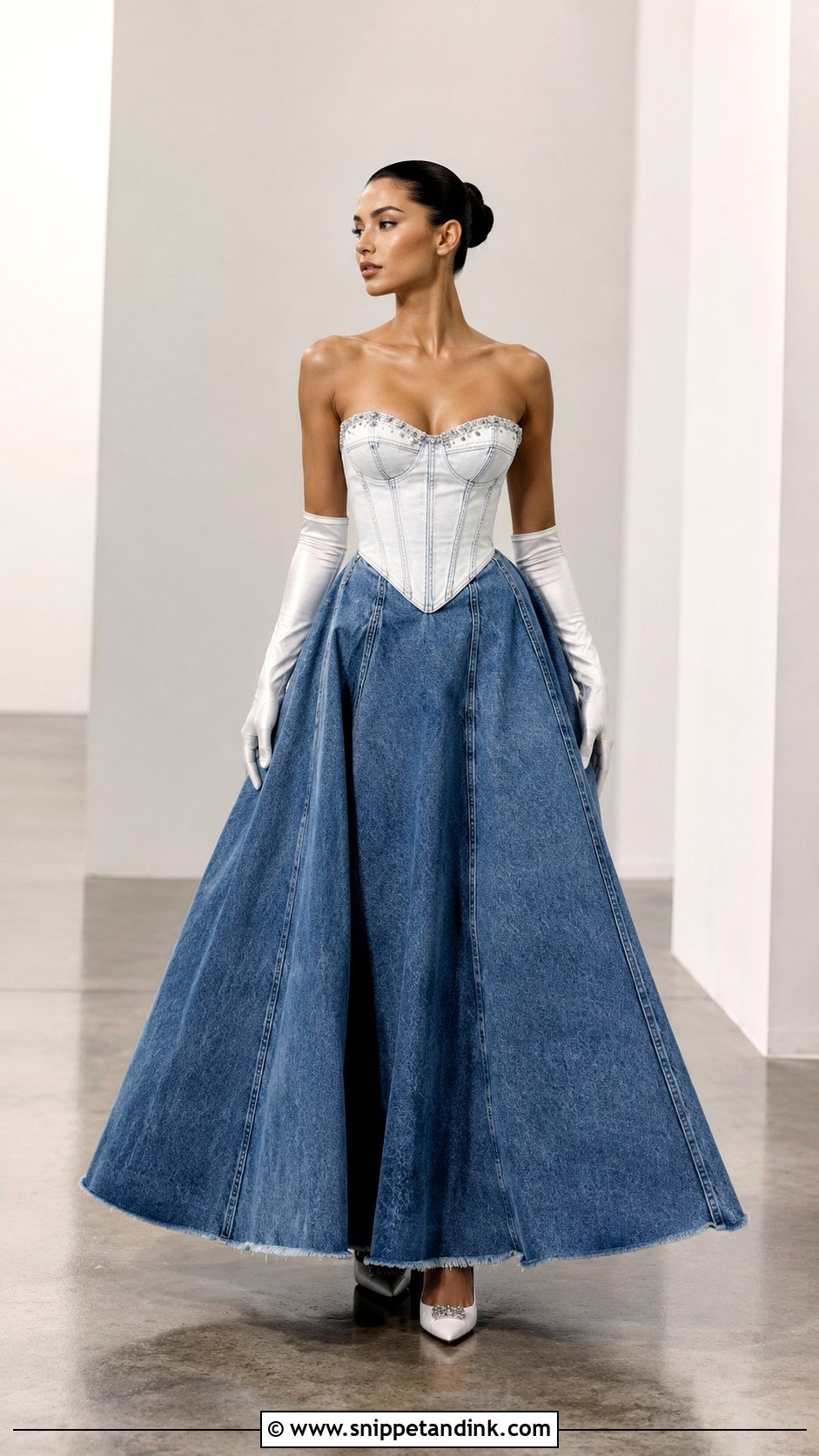 Denim Ball Gown Wedding Dress With Satin Gloves - Snippet and Ink - 25 Denim Wedding Dresses