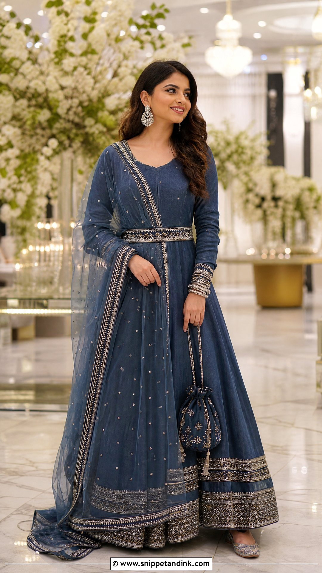 Denim Blue Belted Anarkali Sangeet Outfit - Snippet and Ink - 20 Blue Sangeet Outfit Ideas