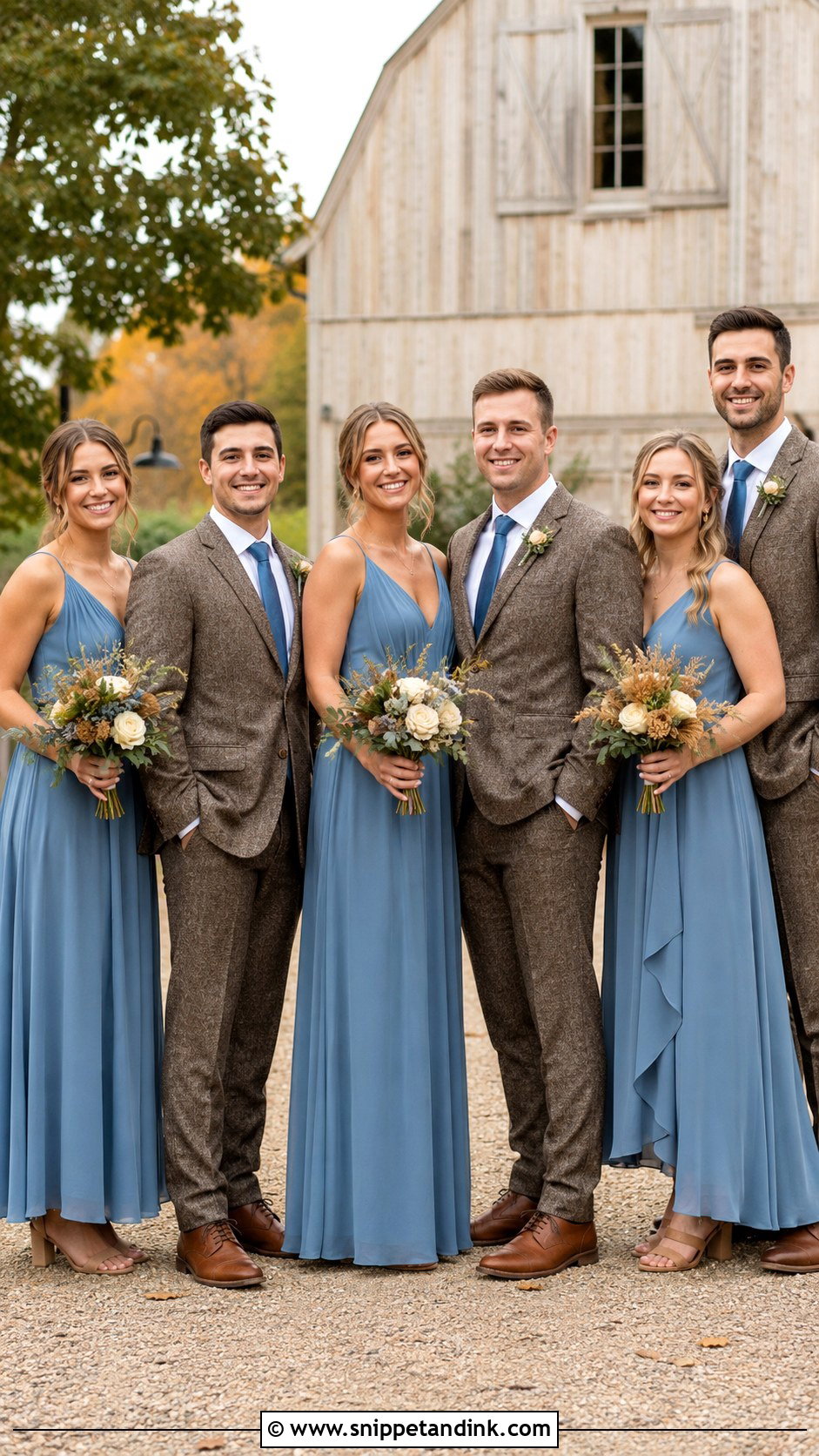 Denim Blue Dresses With Brown Tweed Suits - Snippet and Ink - 20 Blue Wedding Party Attire Ideas