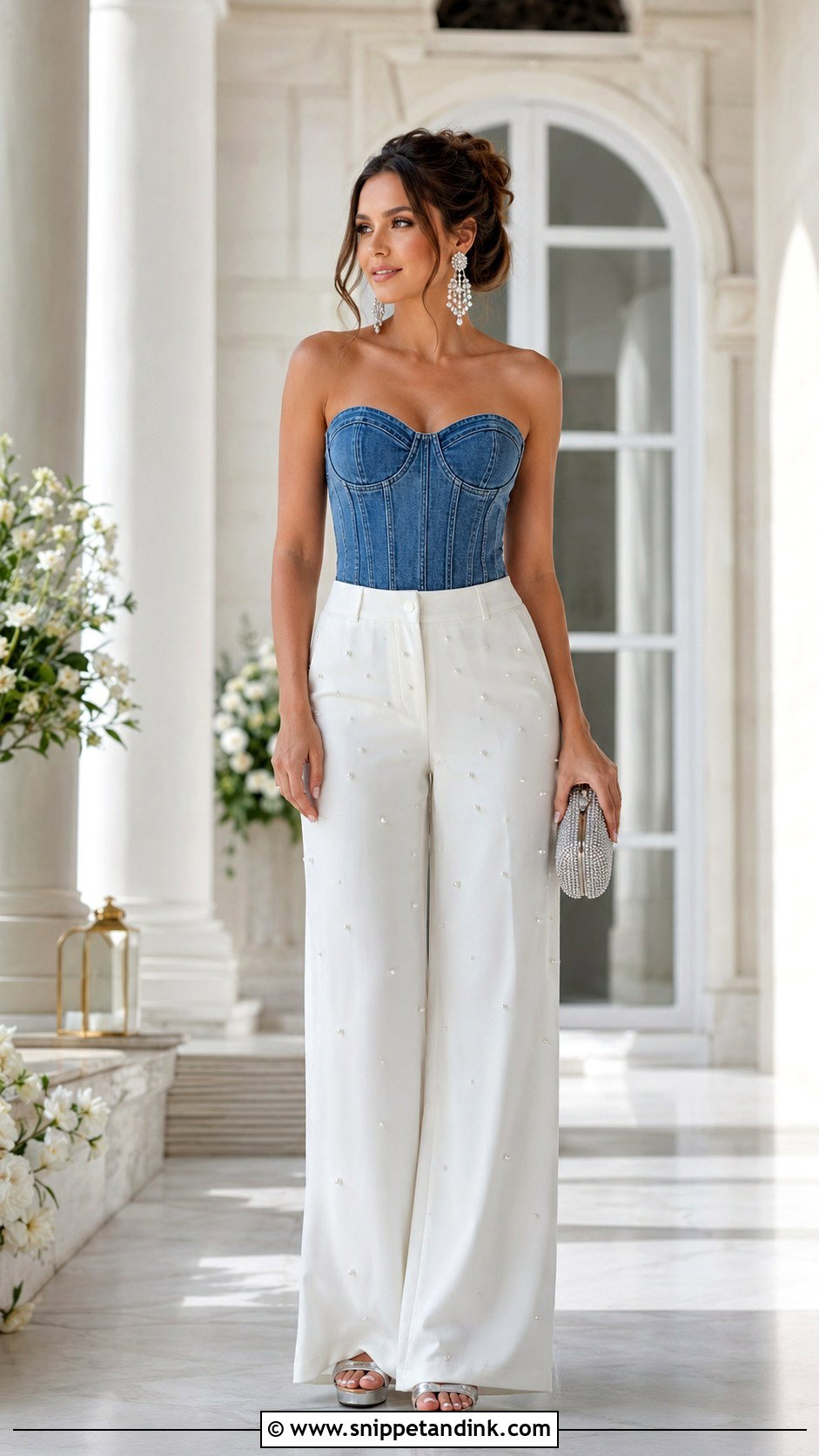 Denim Bustier And Embellished Trousers Bride Outfit - Snippet and Ink - 20 Denim and Diamonds Bride Outfit Ideas