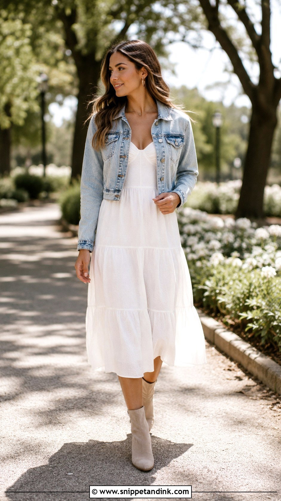 Denim Jacket And Dress Outfit - Snippet and Ink - 25 Save the Date Outfits