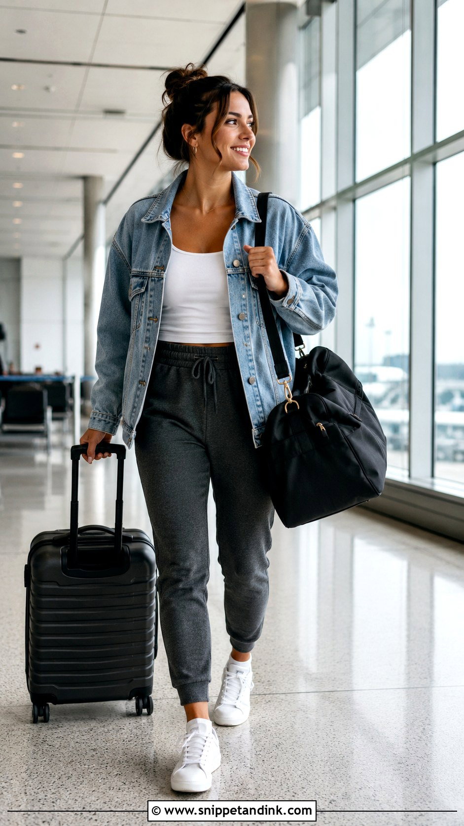 Denim Jacket And Joggers Airport Outfit - Snippet and Ink - 20 Bachelorette Airport Outfit Ideas
